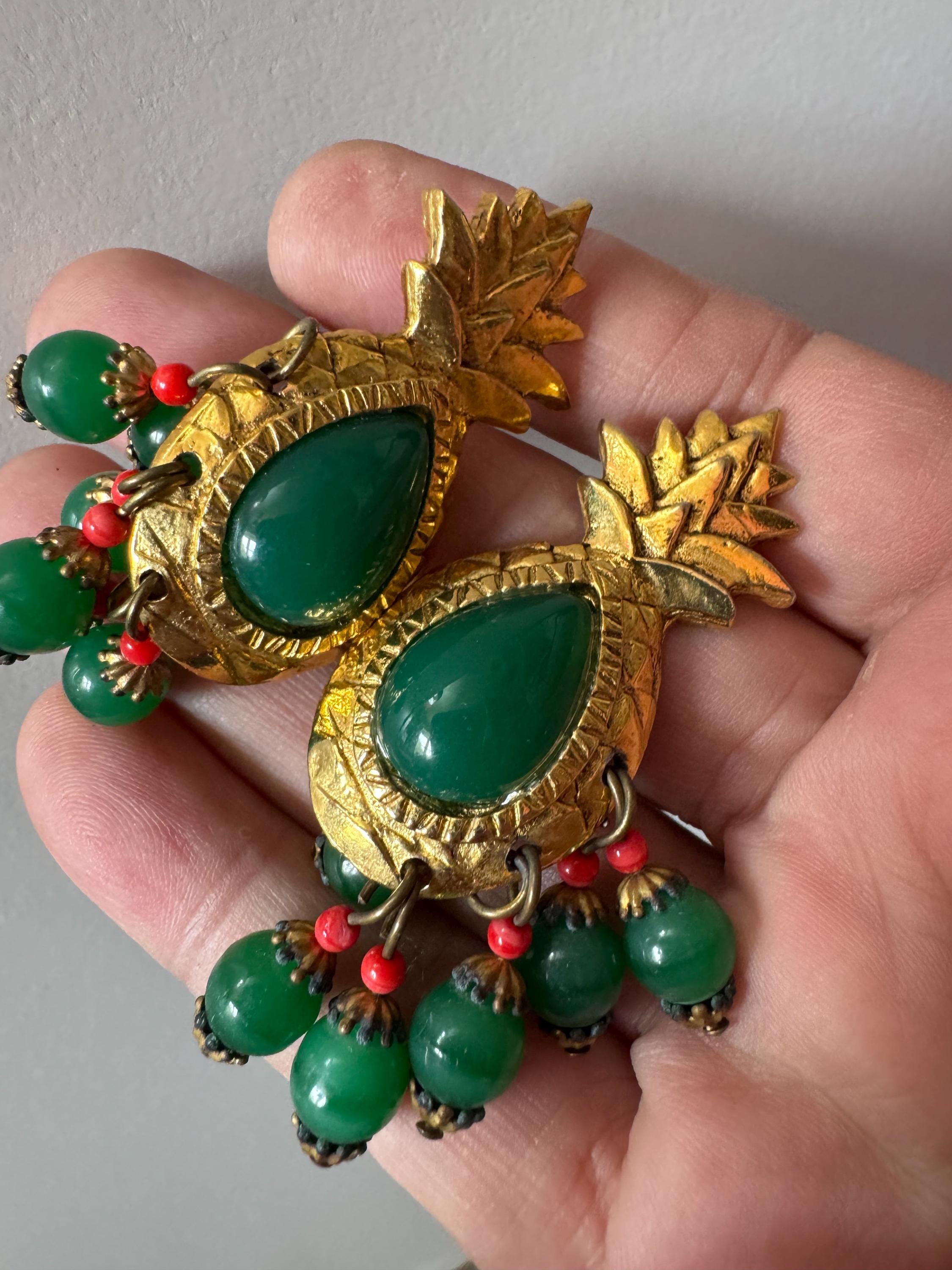 Vintage 1980s Beaded Pineapple Clip On Earrings: Abbey Road USA Signed