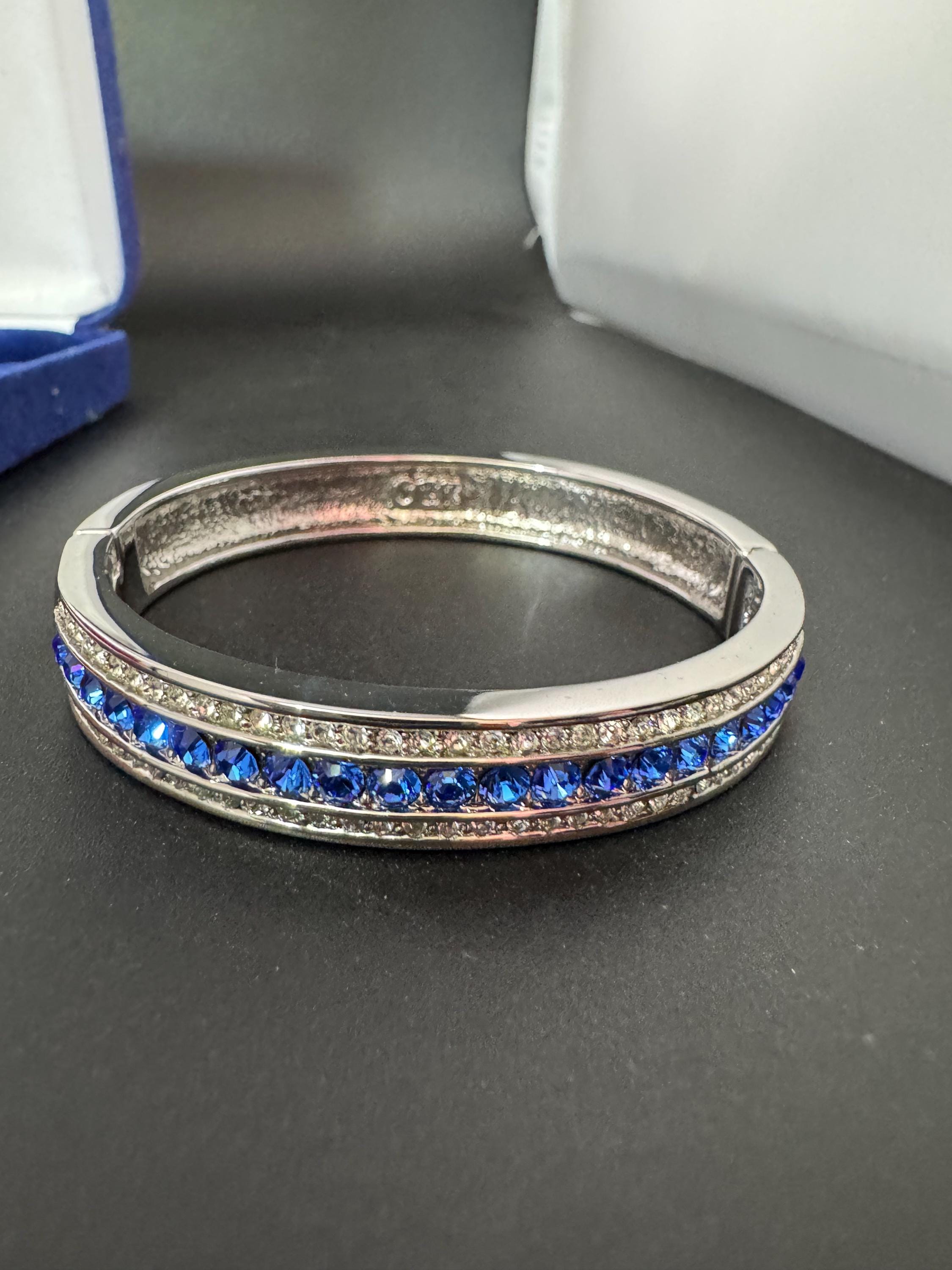 Signed JBK Jaqueline Kennedy vintage silver plated sapphire blue & clear diamanté and enamel clamper bangle bracelet