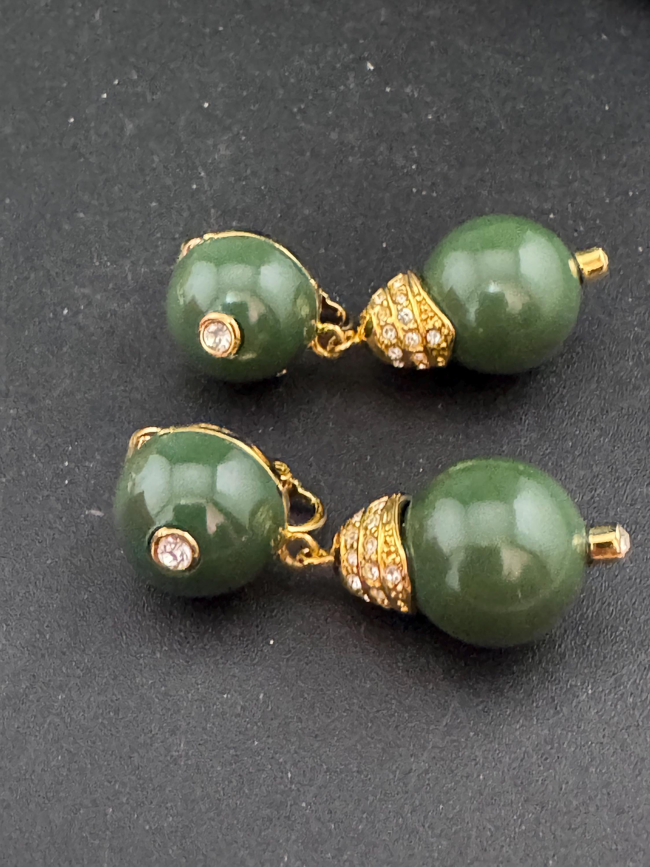 Vintage Signed Joan rivers gold tone beaded clip on drop earrings ,khaki green lucite with clear rhinestone