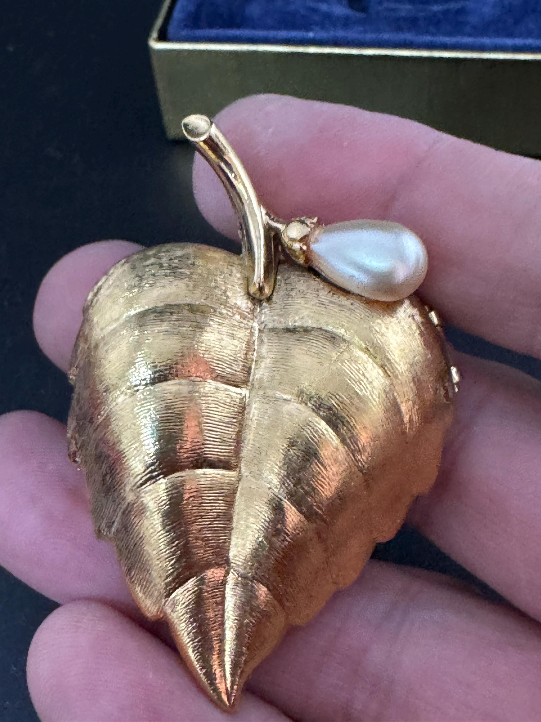 Vintage Avon Golden Leaf Brooch: Perfume Compact, Faux Pearl - Mid Century Boxed