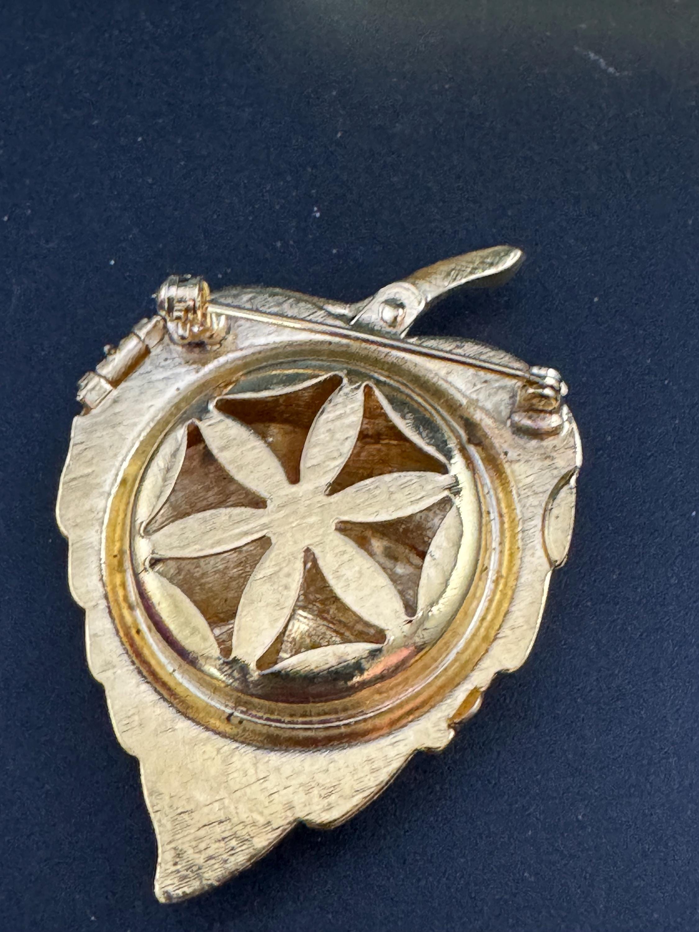 Vintage Avon Golden Leaf Brooch: Perfume Compact, Faux Pearl - Mid Century Boxed