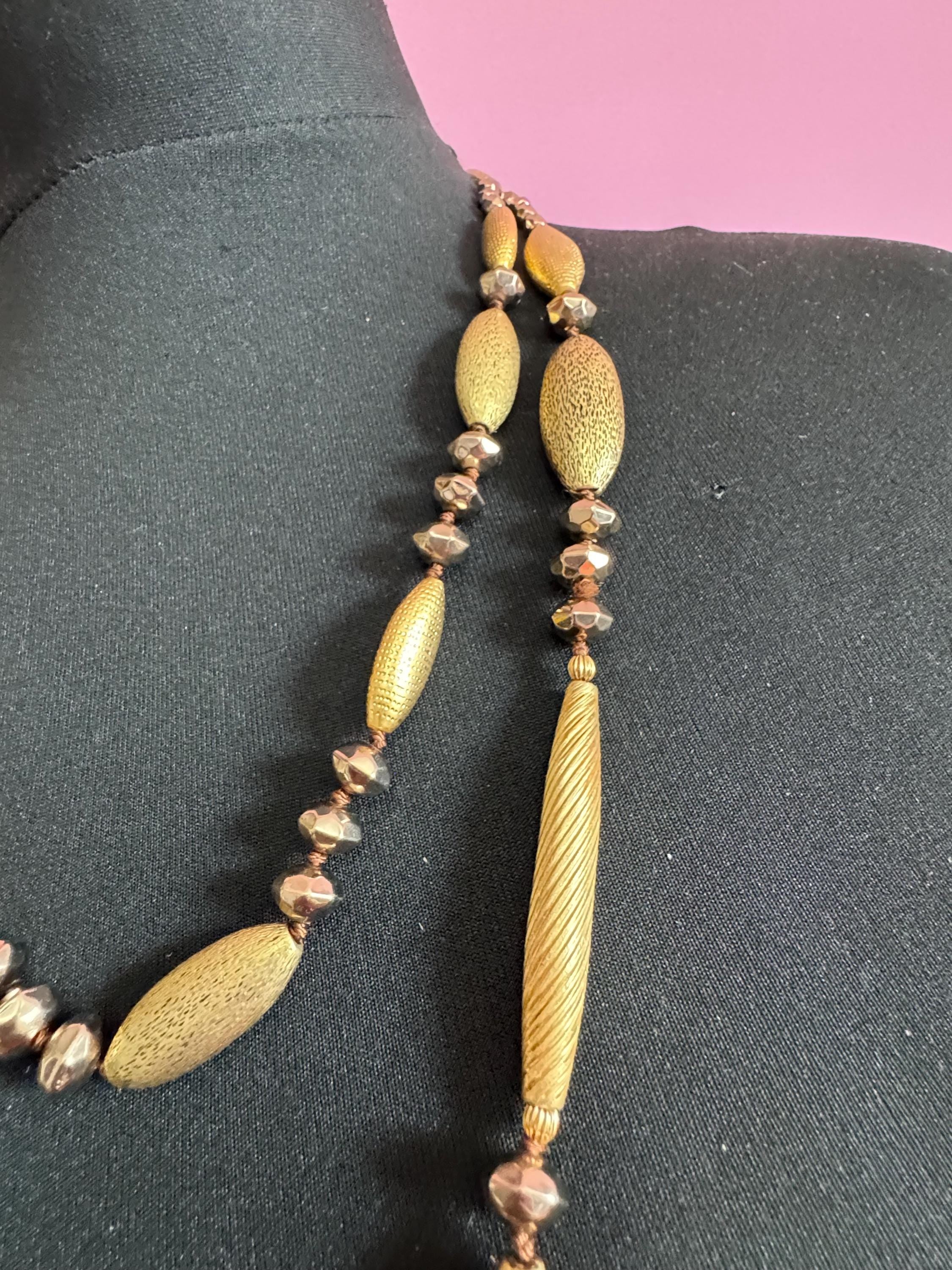 Signed Liz Claiborne designer gold tone weighty oval metal and glass beaded Multistrand 2 row necklace
