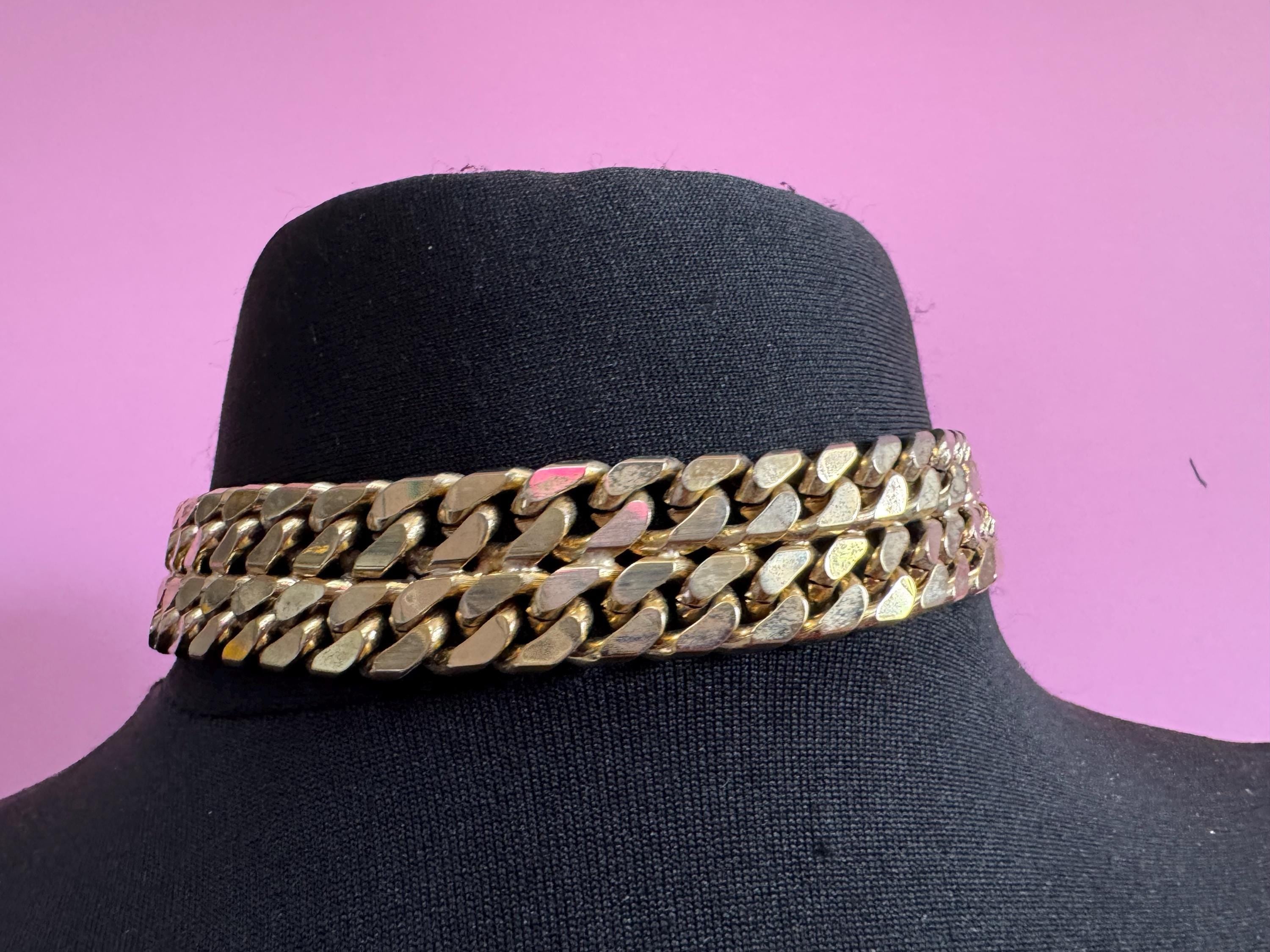 Retro petite fit 40cm weighty 1980s gold tone wide panther flat curb link choker necklace