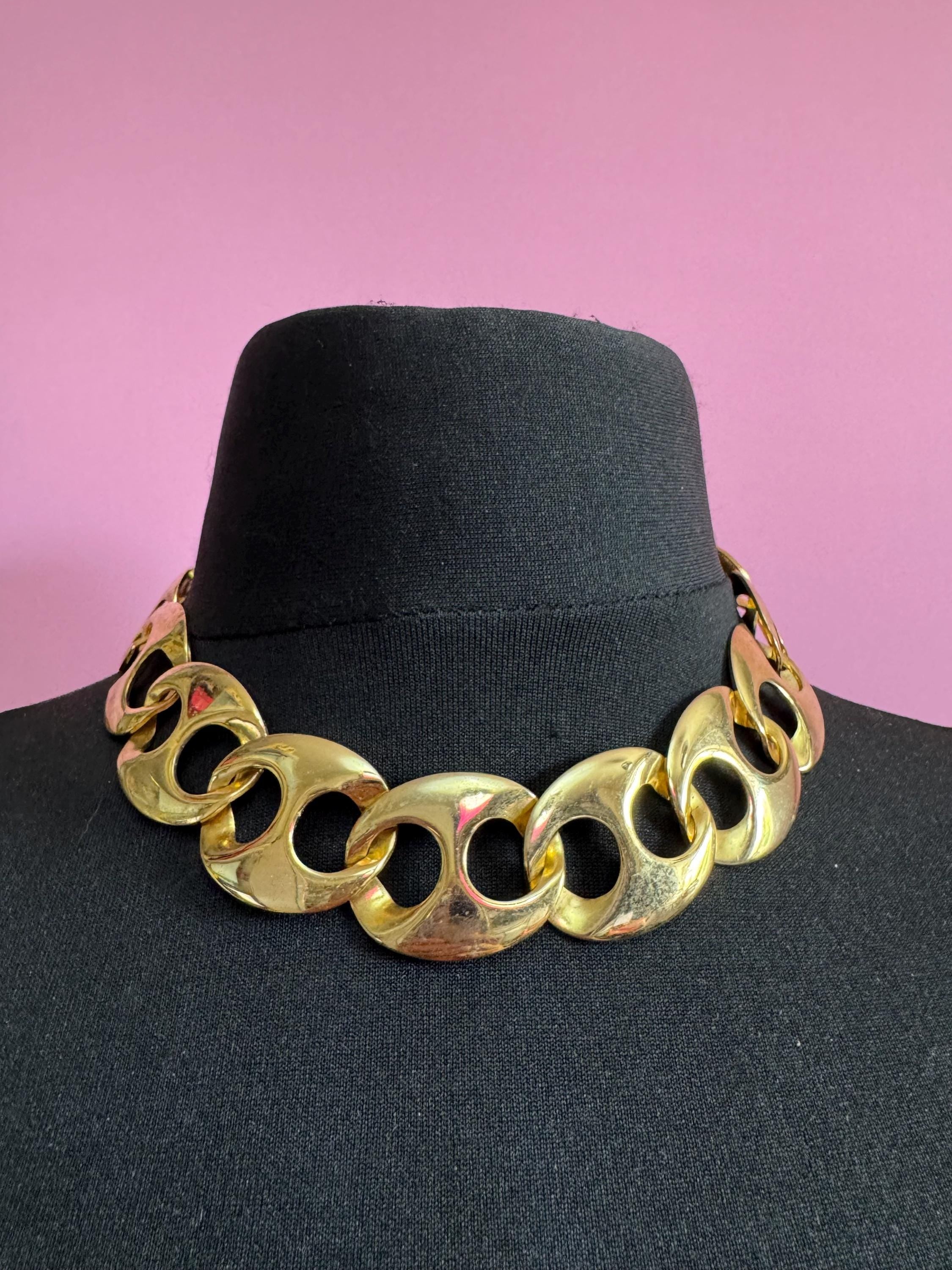 Nautical vintage gold tone modernist wide mariner link choker necklace