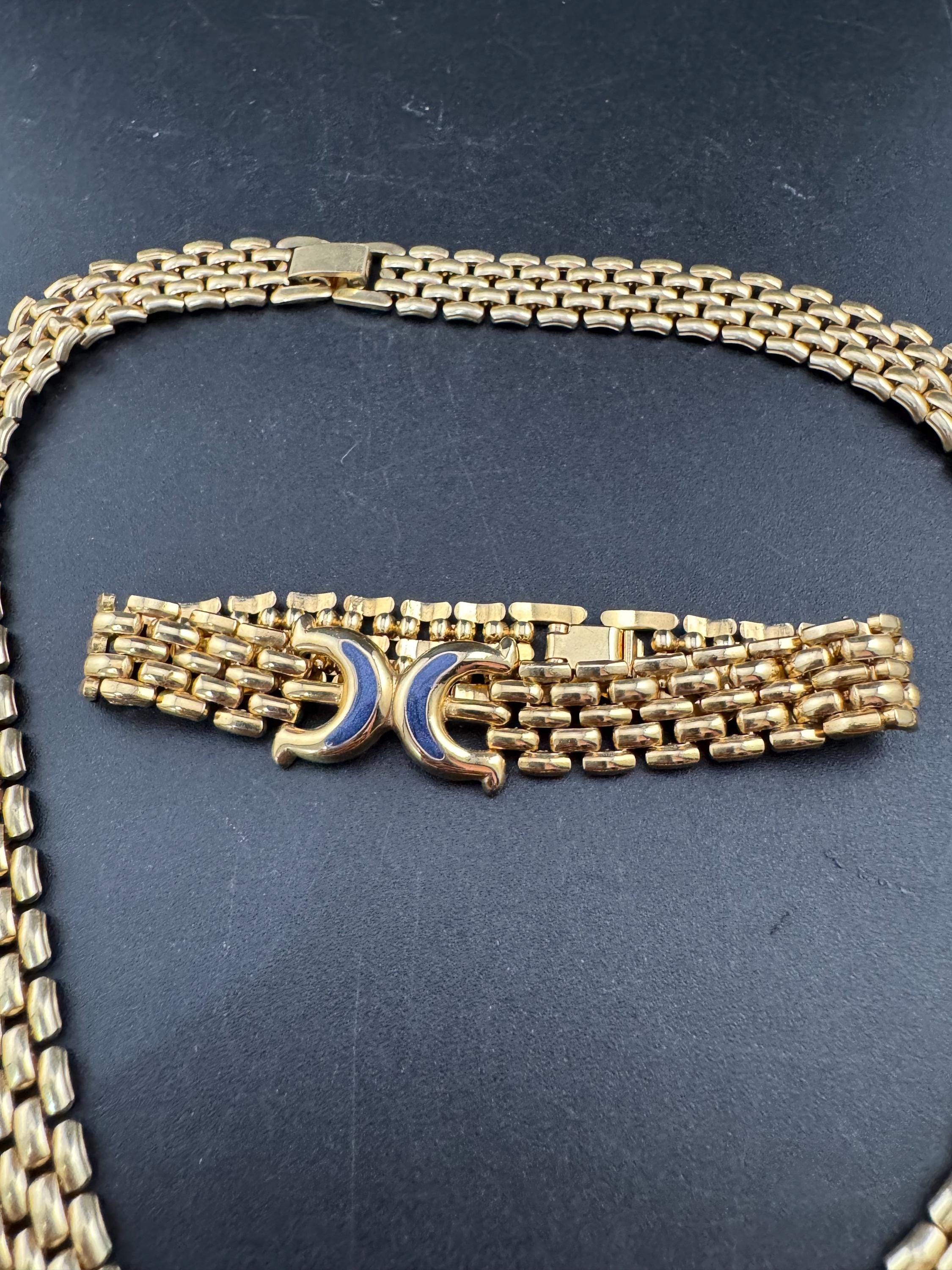 Retro 1980s gold tone wide panther link bkue enamel necklace and matching bracelet jewellery set