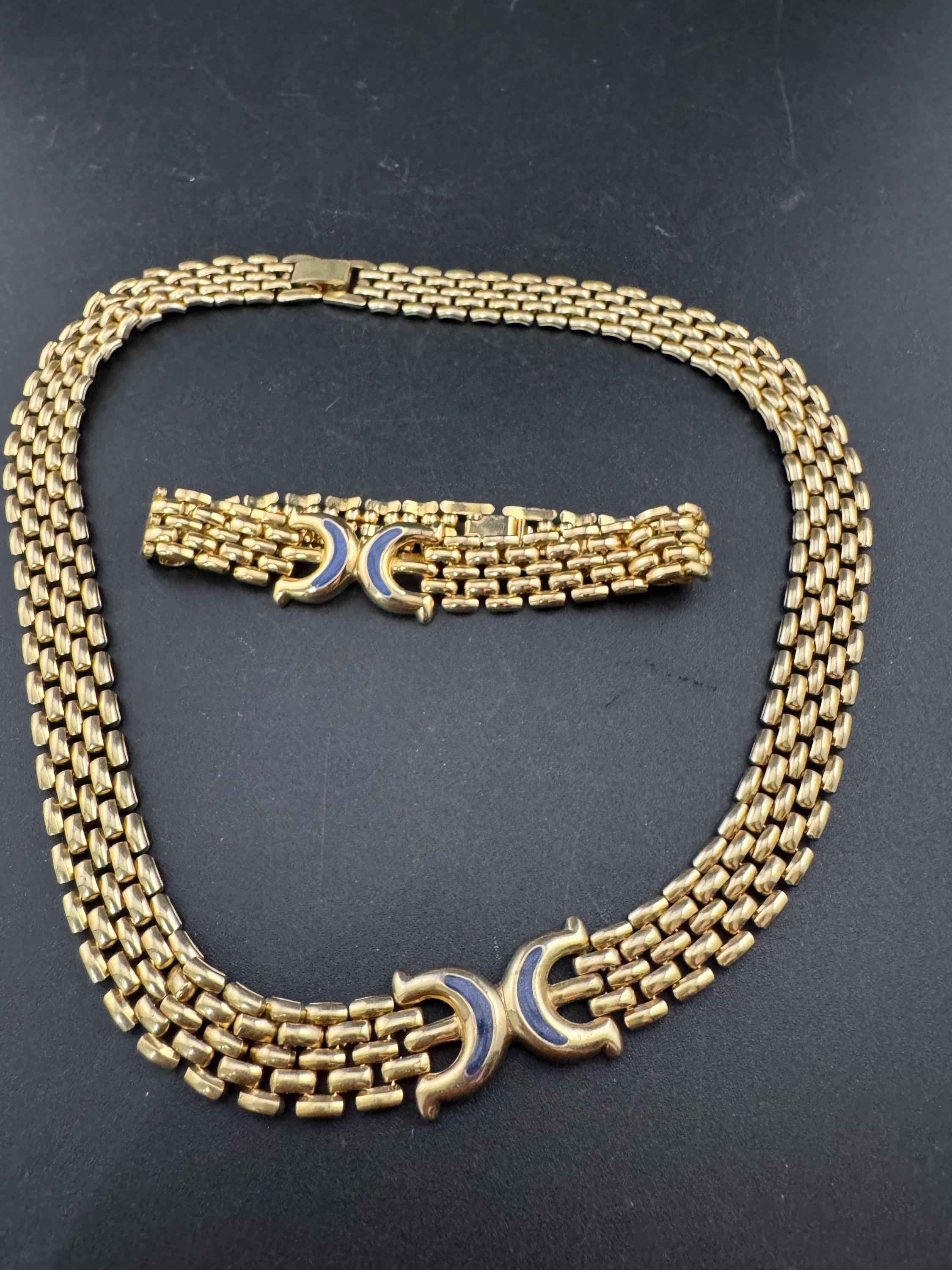 Retro 1980s gold tone wide panther link bkue enamel necklace and matching bracelet jewellery set