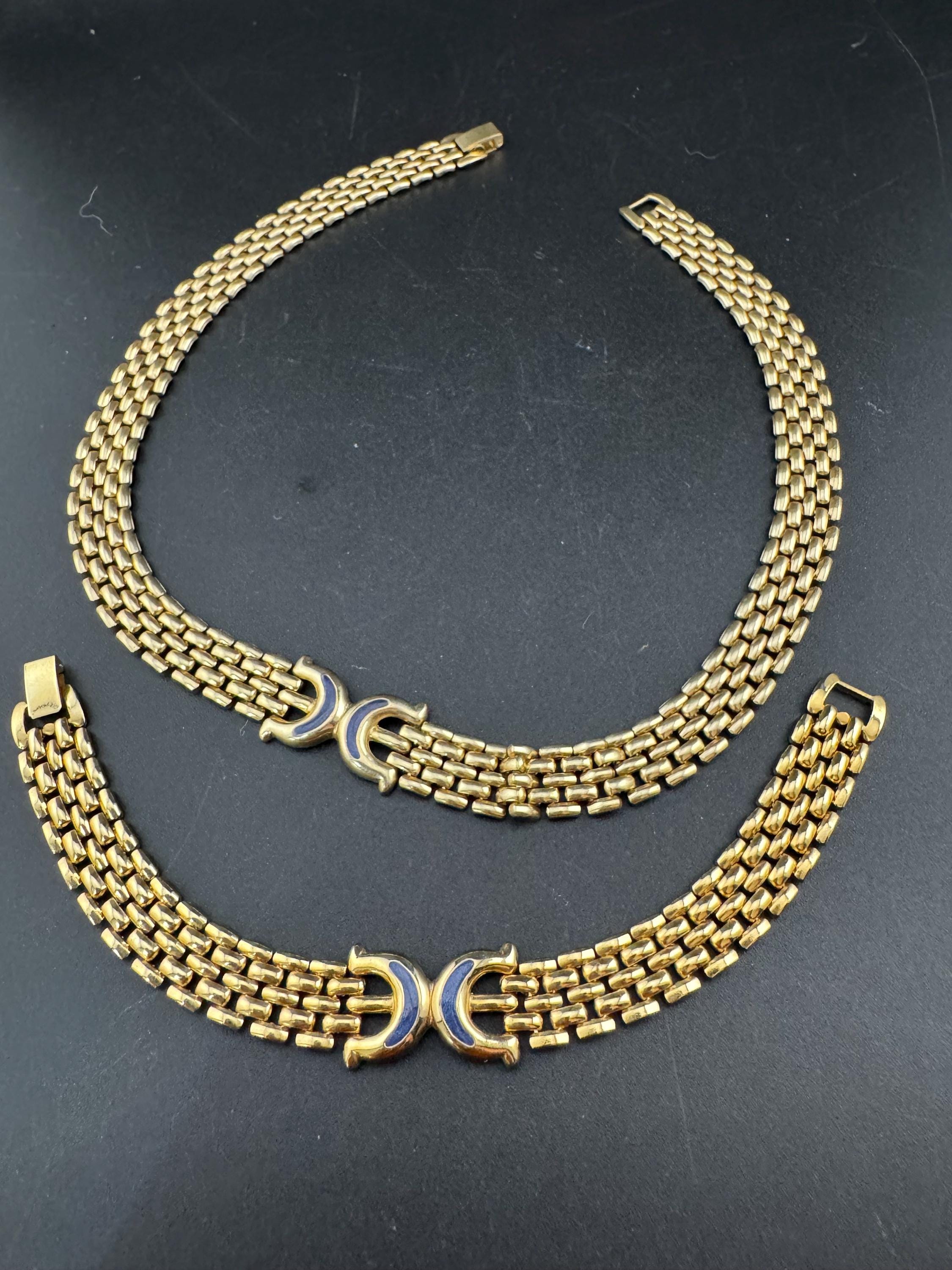 Retro 1980s gold tone wide panther link bkue enamel necklace and matching bracelet jewellery set