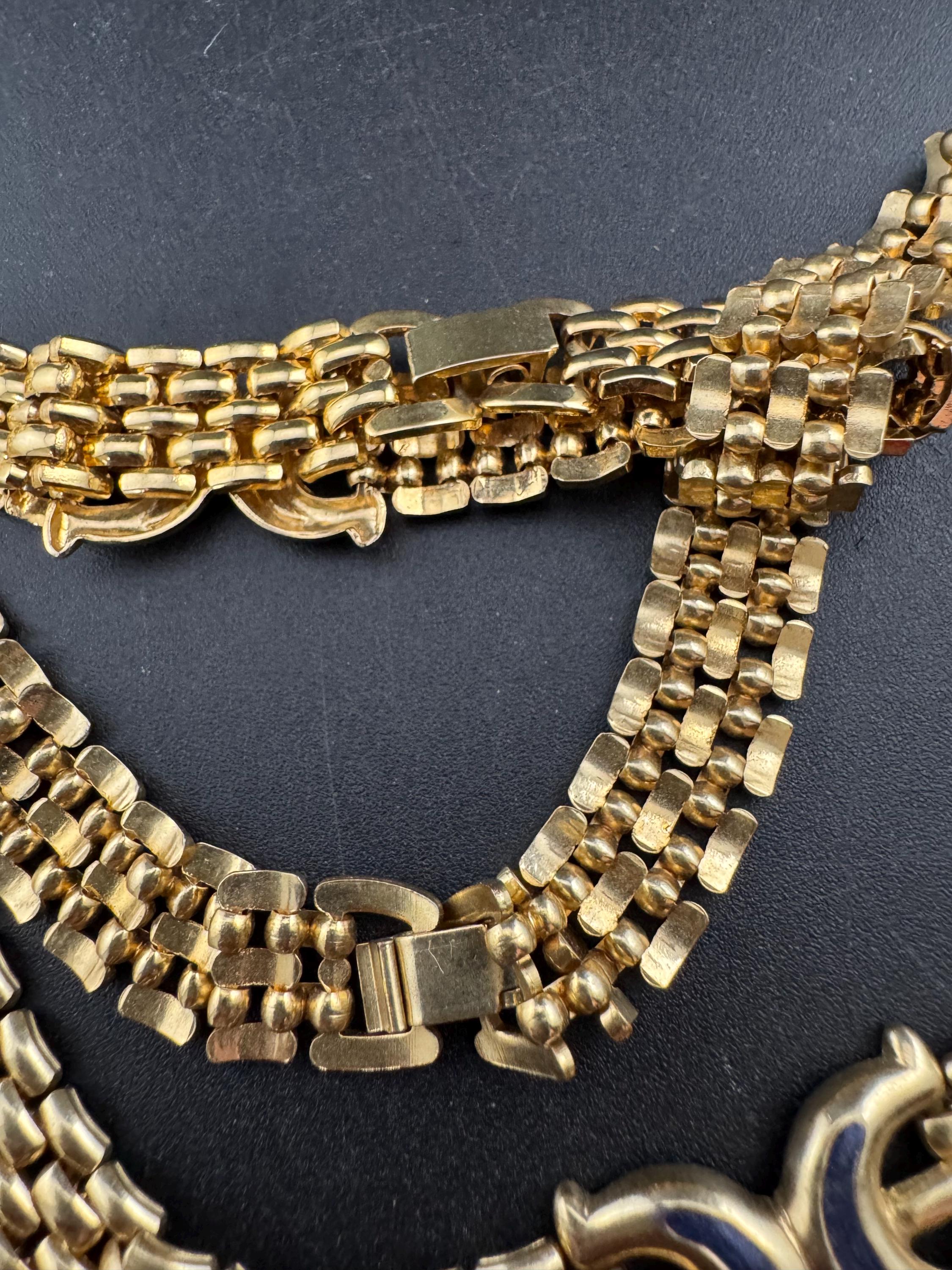 Retro 1980s gold tone wide panther link bkue enamel necklace and matching bracelet jewellery set