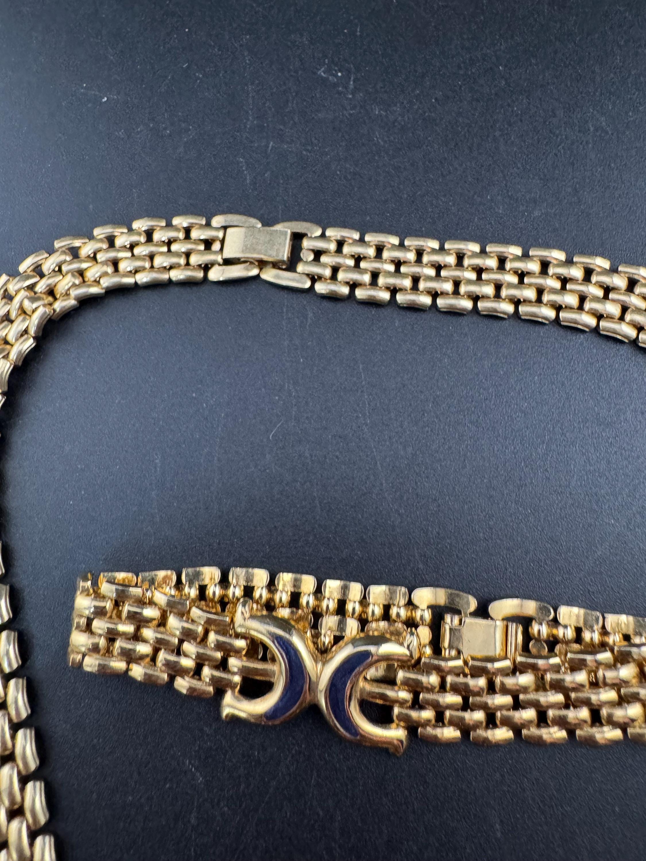 Retro 1980s gold tone wide panther link bkue enamel necklace and matching bracelet jewellery set