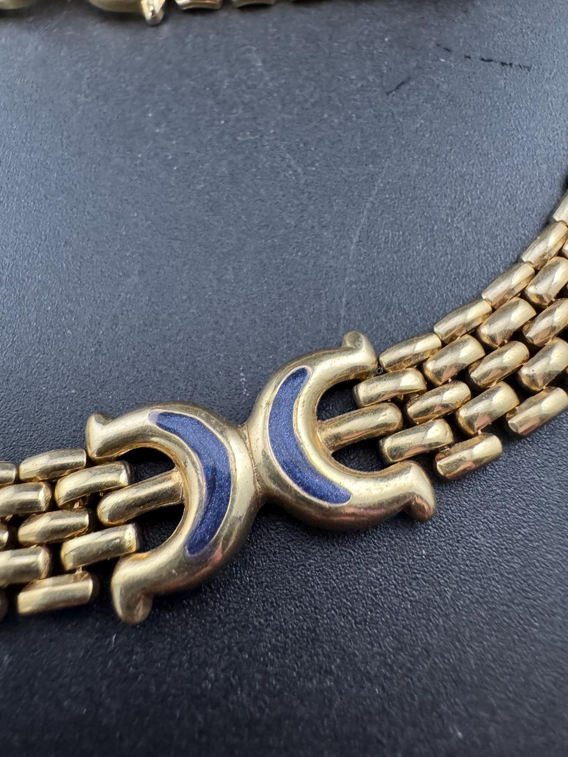 Retro 1980s gold tone wide panther link bkue enamel necklace and matching bracelet jewellery set
