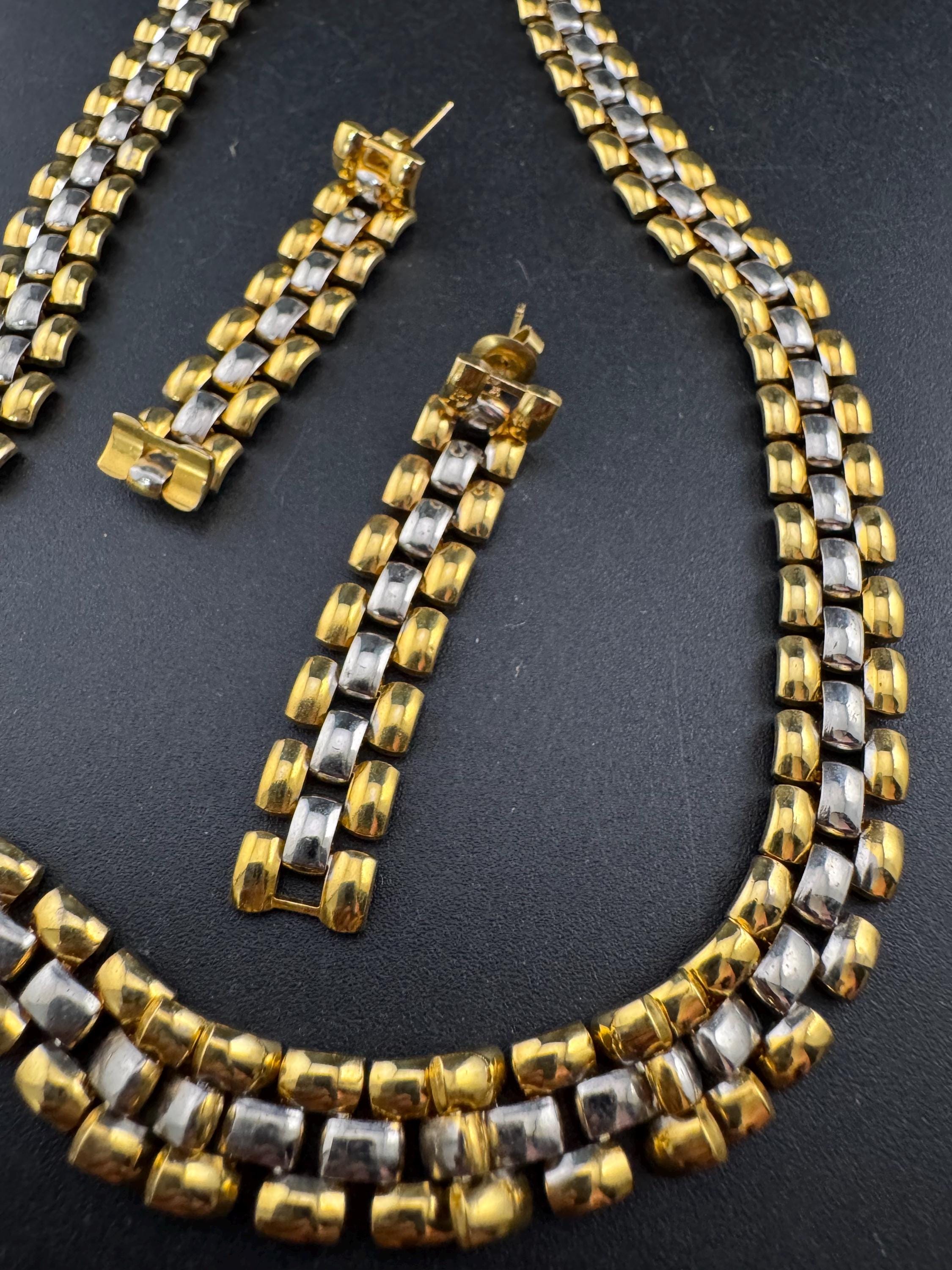 Retro 1980s gold and silver tone wide panther link necklace and matching bracelet pierced dangly drop earring jewellery set