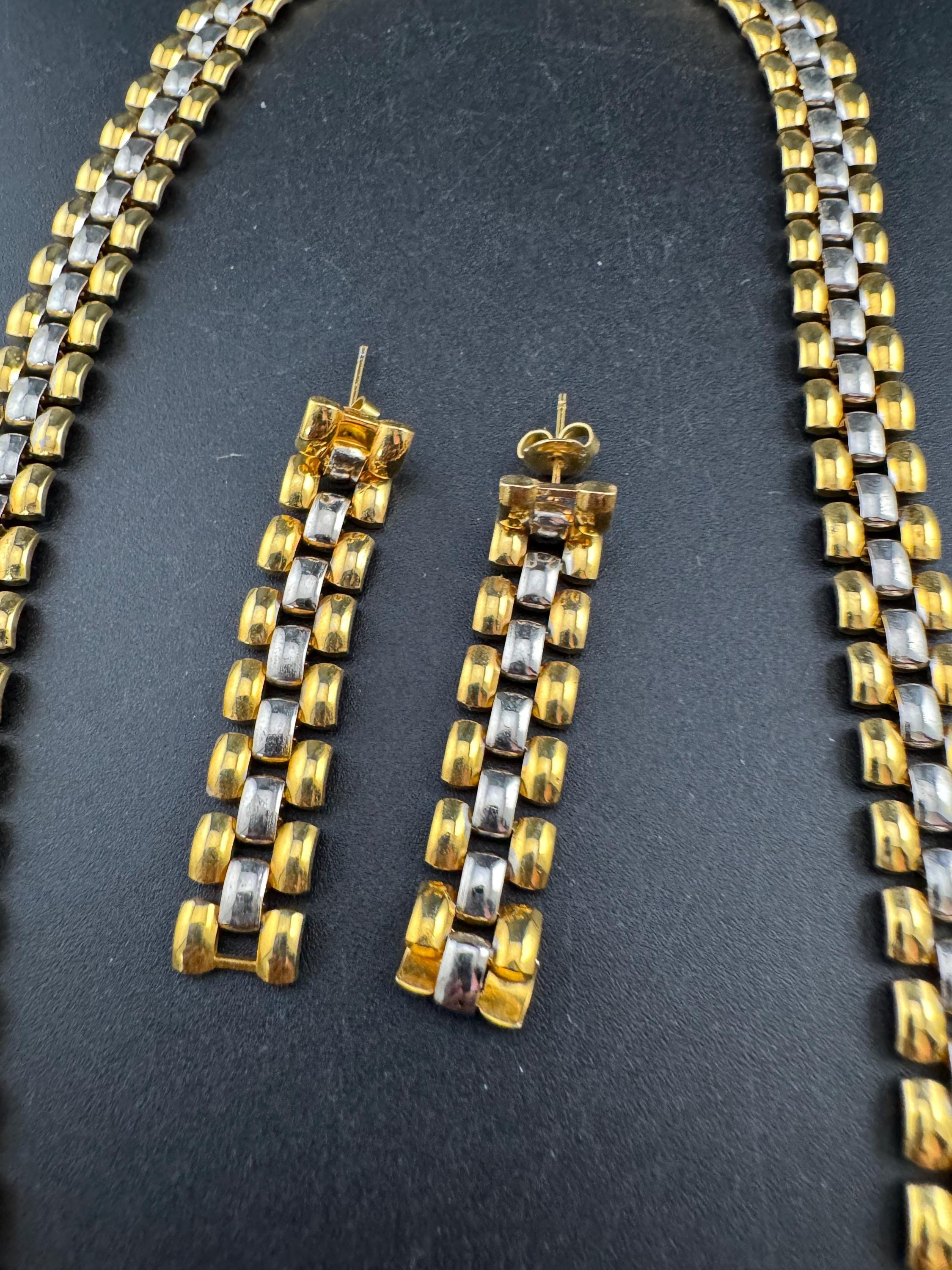 Retro 1980s gold and silver tone wide panther link necklace and matching bracelet pierced dangly drop earring jewellery set
