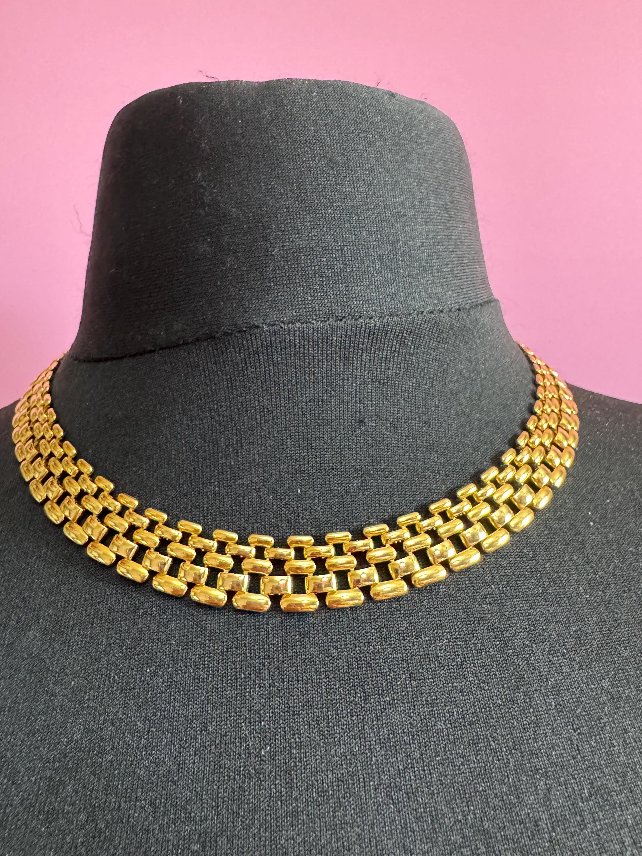 Retro 1980s wide classic panther brick link gold plated choker necklace 46cm