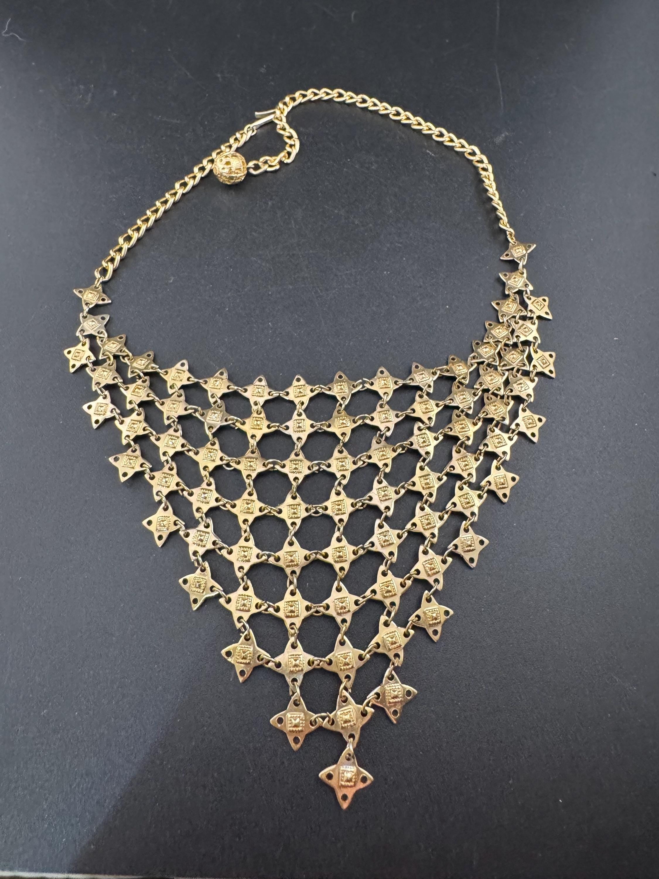 Mid century lightweight Eloxal aluminium gold tone mesh chainmail bib drop necklace 50s 60s