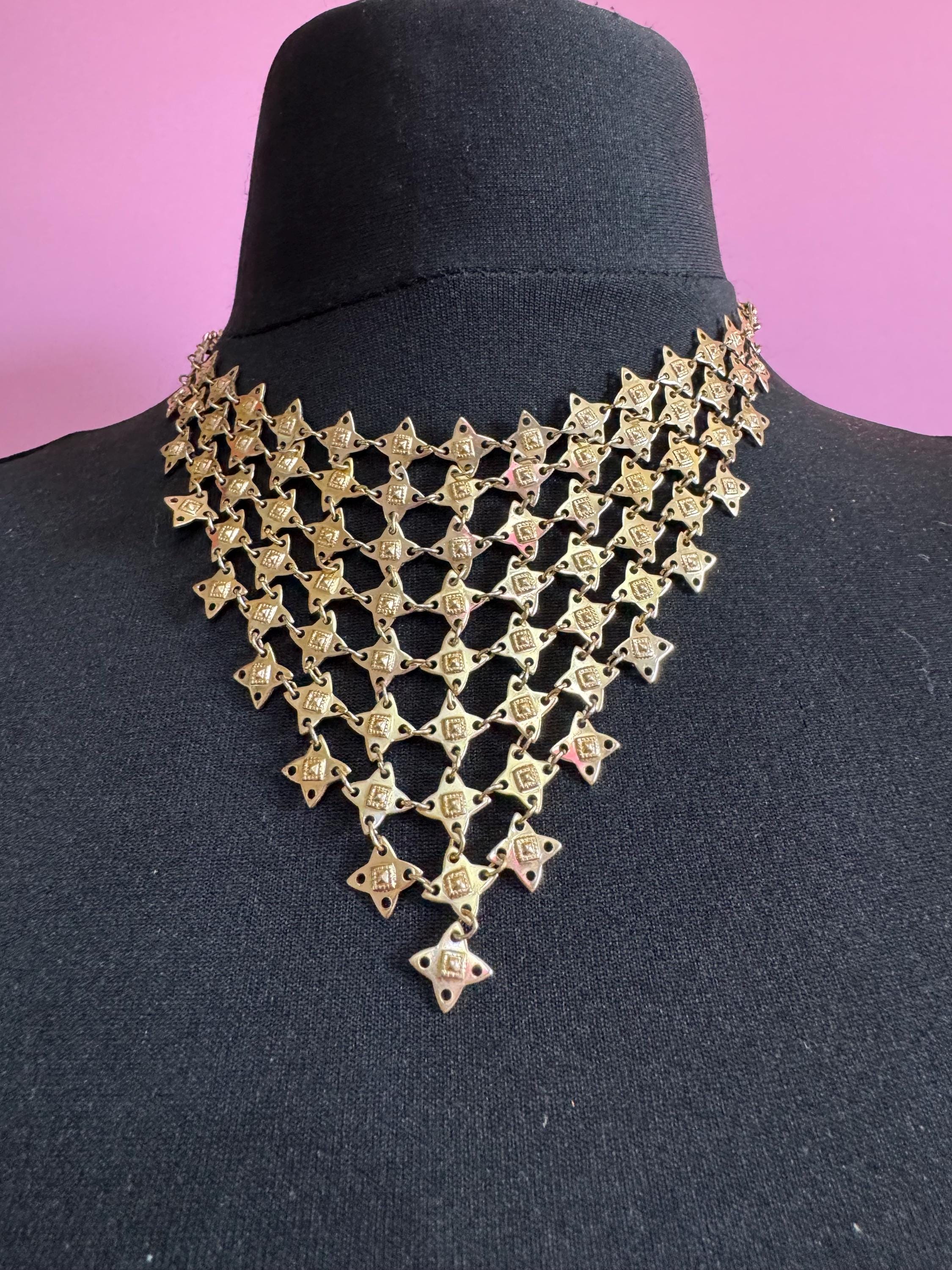 Mid century lightweight Eloxal aluminium gold tone mesh chainmail bib drop necklace 50s 60s