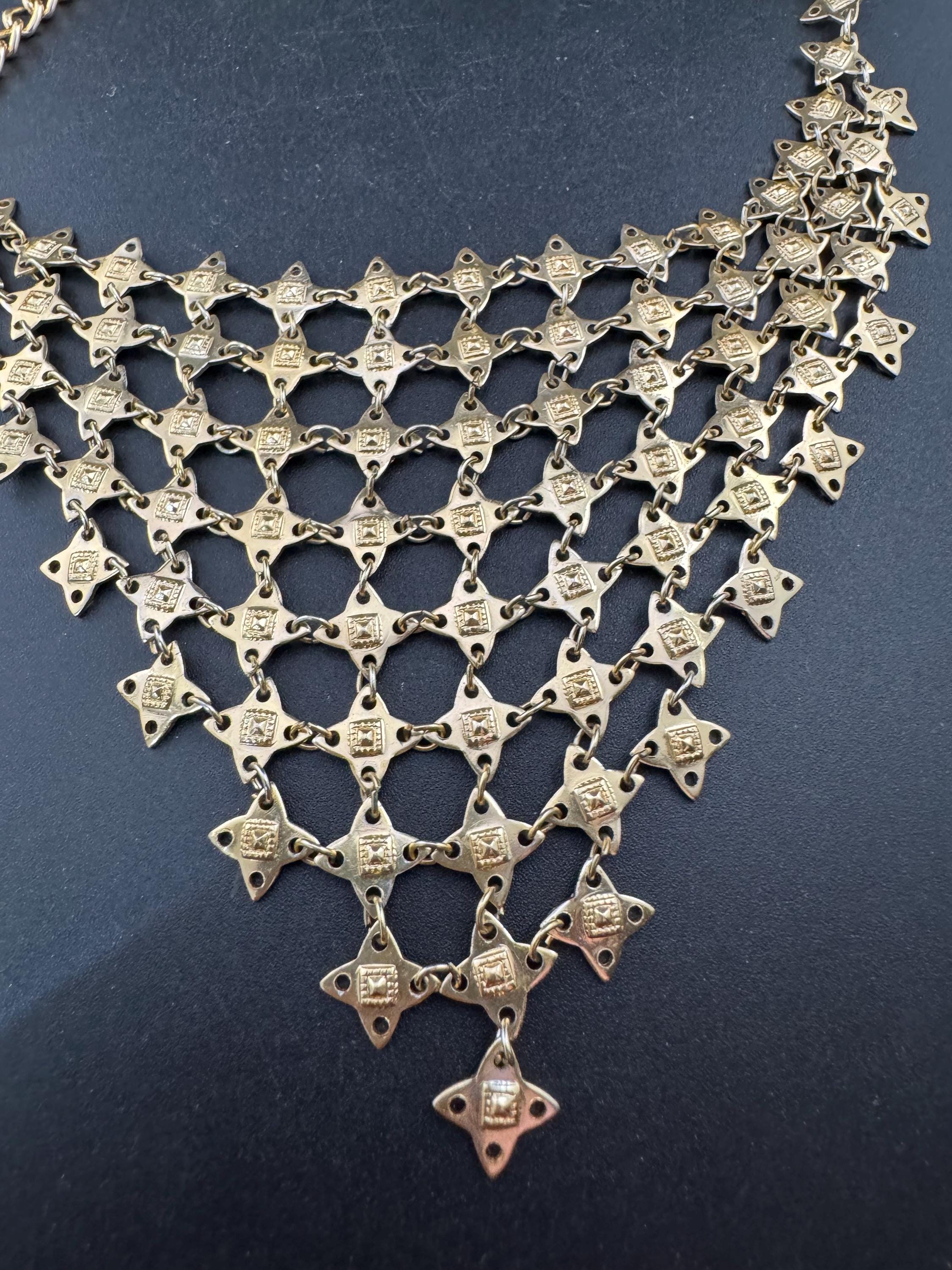 Mid century lightweight Eloxal aluminium gold tone mesh chainmail bib drop necklace 50s 60s