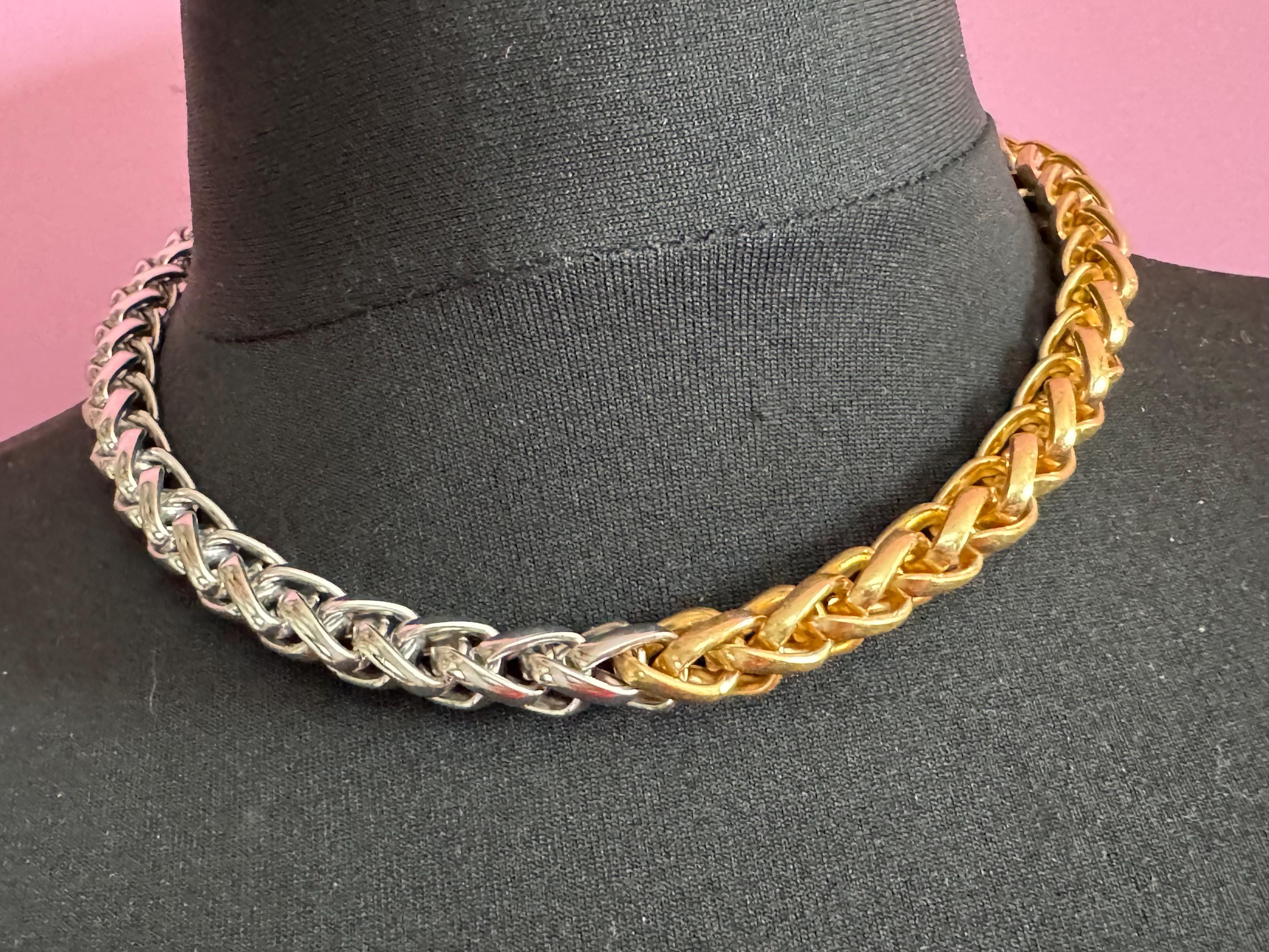 Retro y2k silver & gold tone chunky short wheat chain link 47cm length necklace