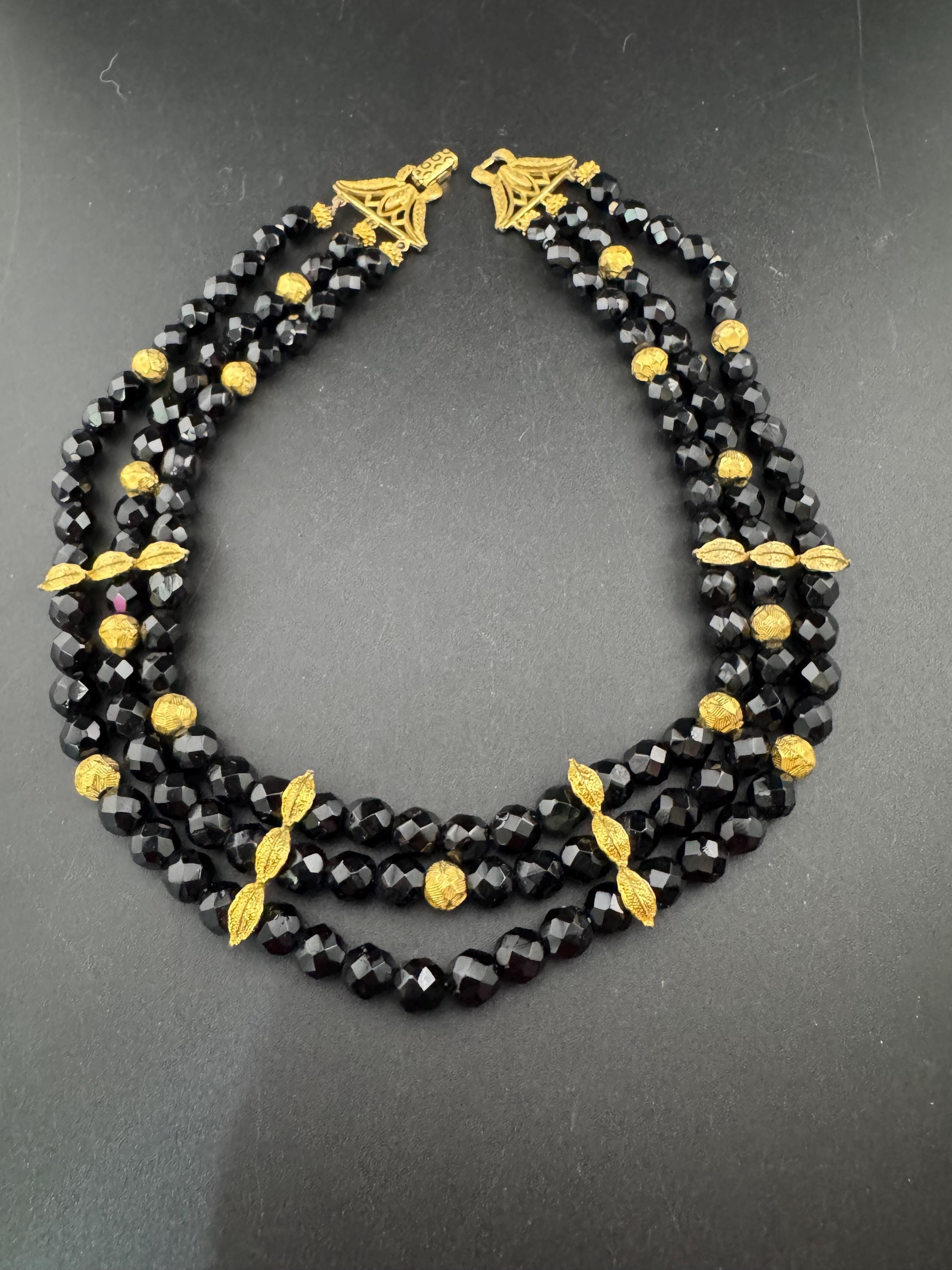 Vintage black and gold tone weighty glass faceted black beaded wide choker Necklace