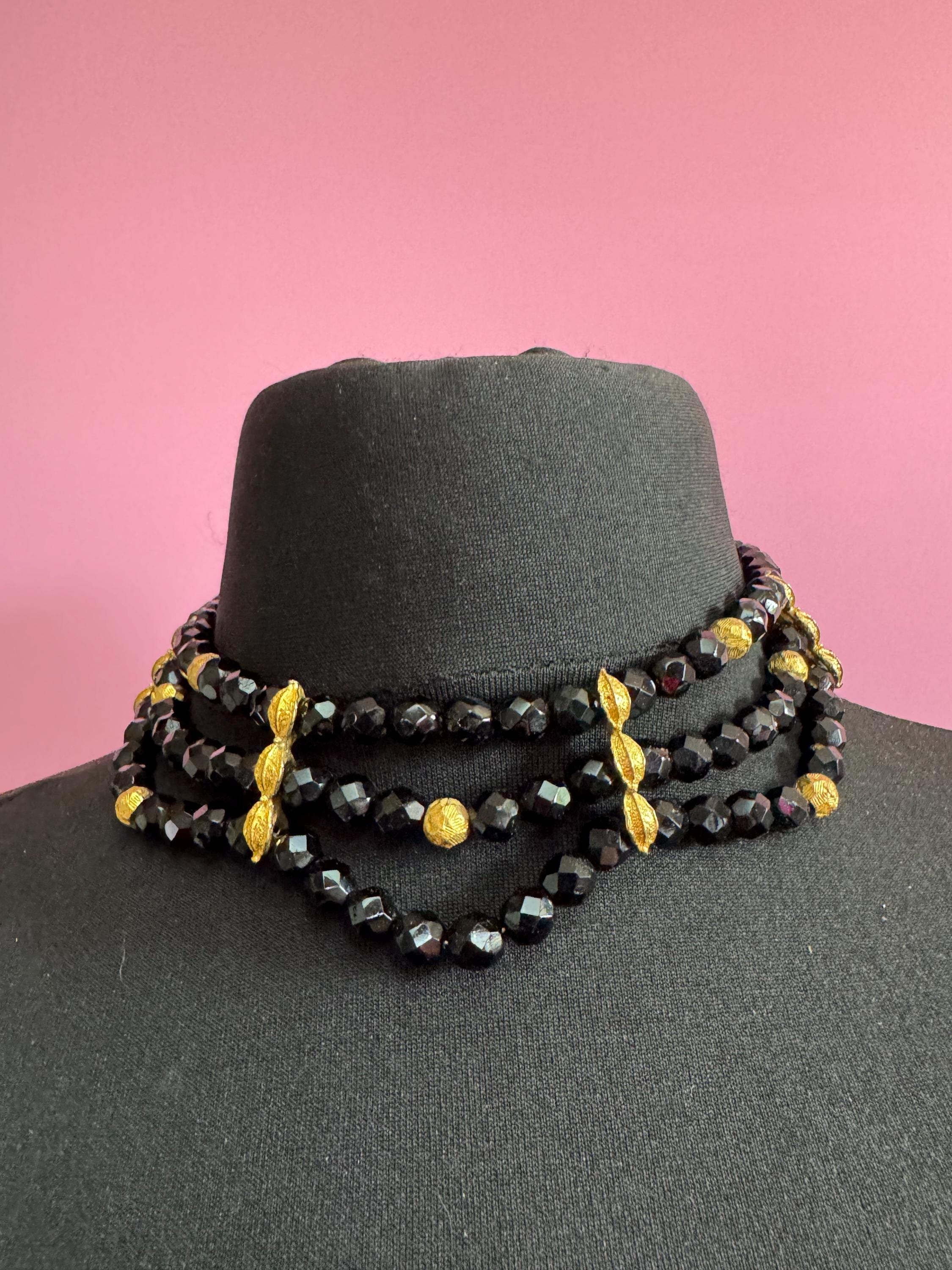 Vintage black and gold tone weighty glass faceted black beaded wide choker Necklace