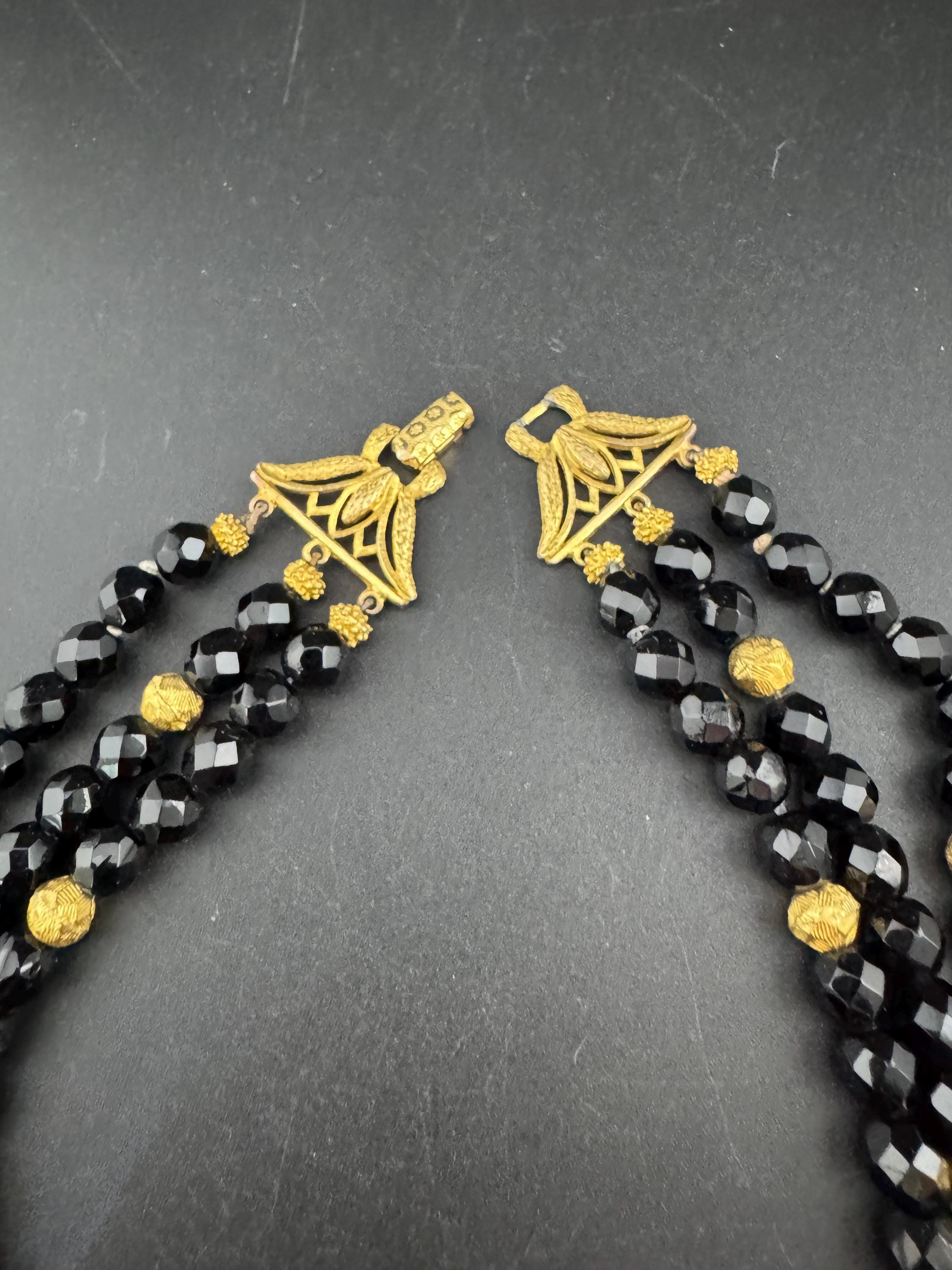 Vintage black and gold tone weighty glass faceted black beaded wide choker Necklace