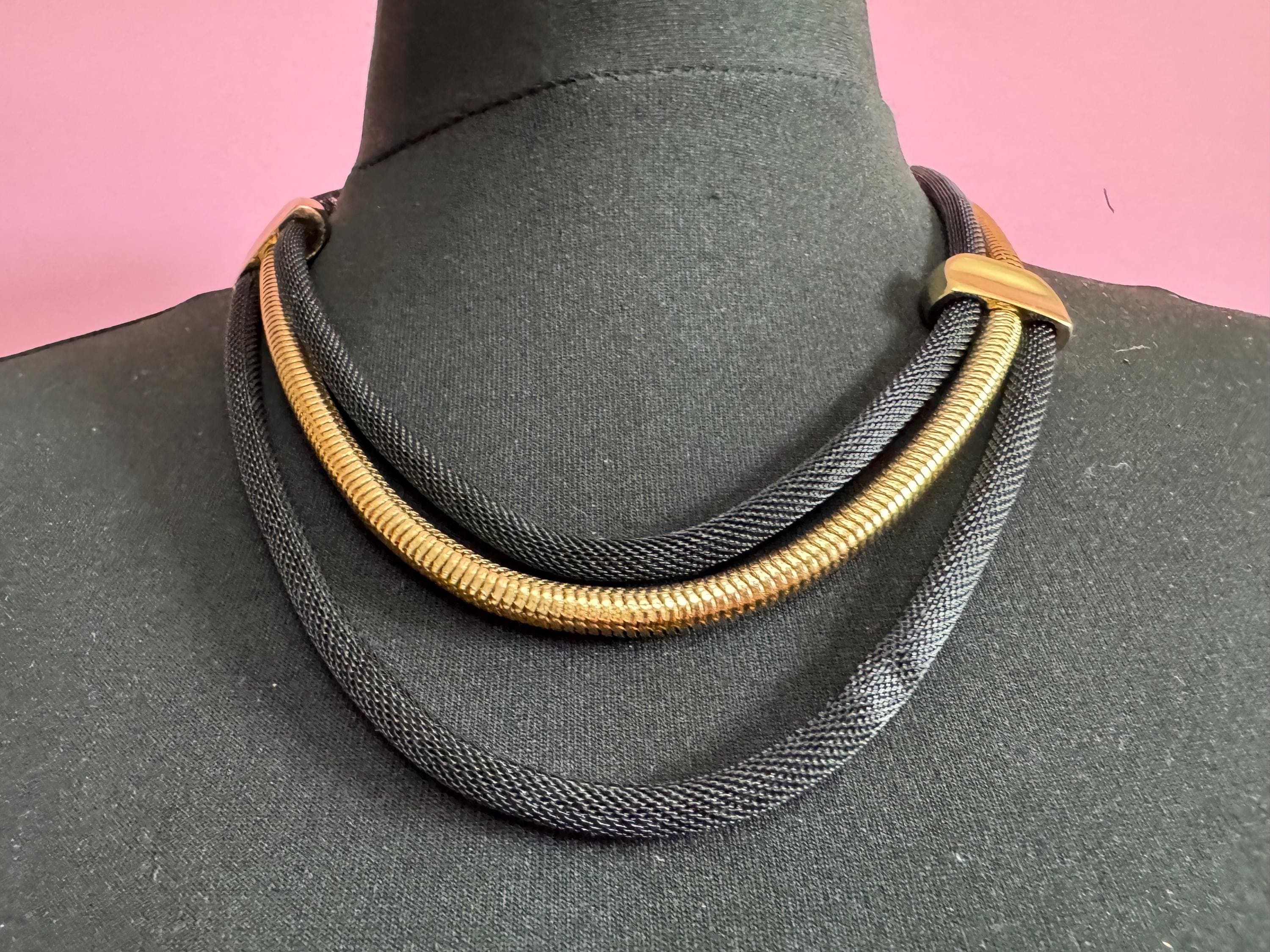 Vintage long round tube mesh link gold tone and black slinky layering  Multistrand necklace