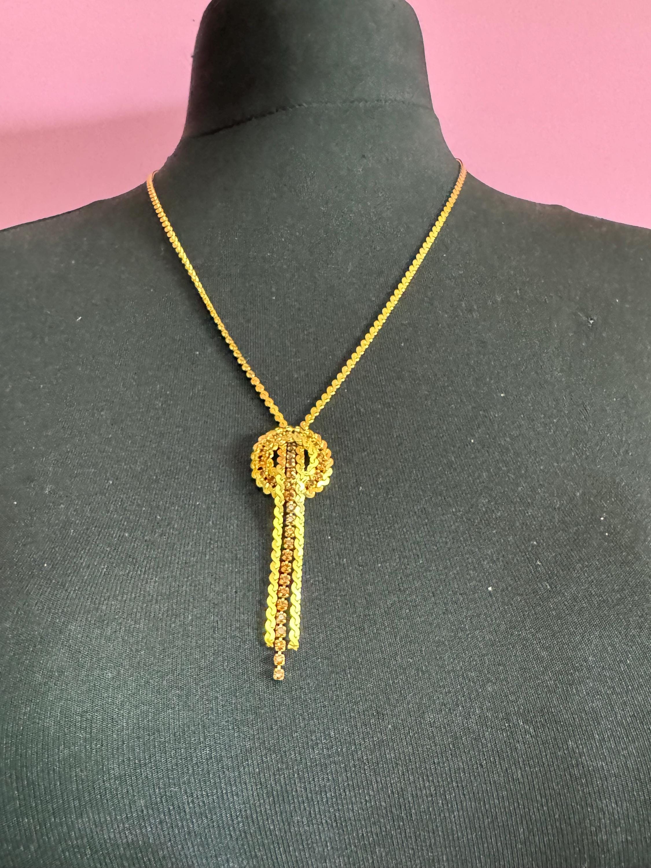 Vintage gold tone cognac brown glass diamanté lariat dropper necklace 1960s