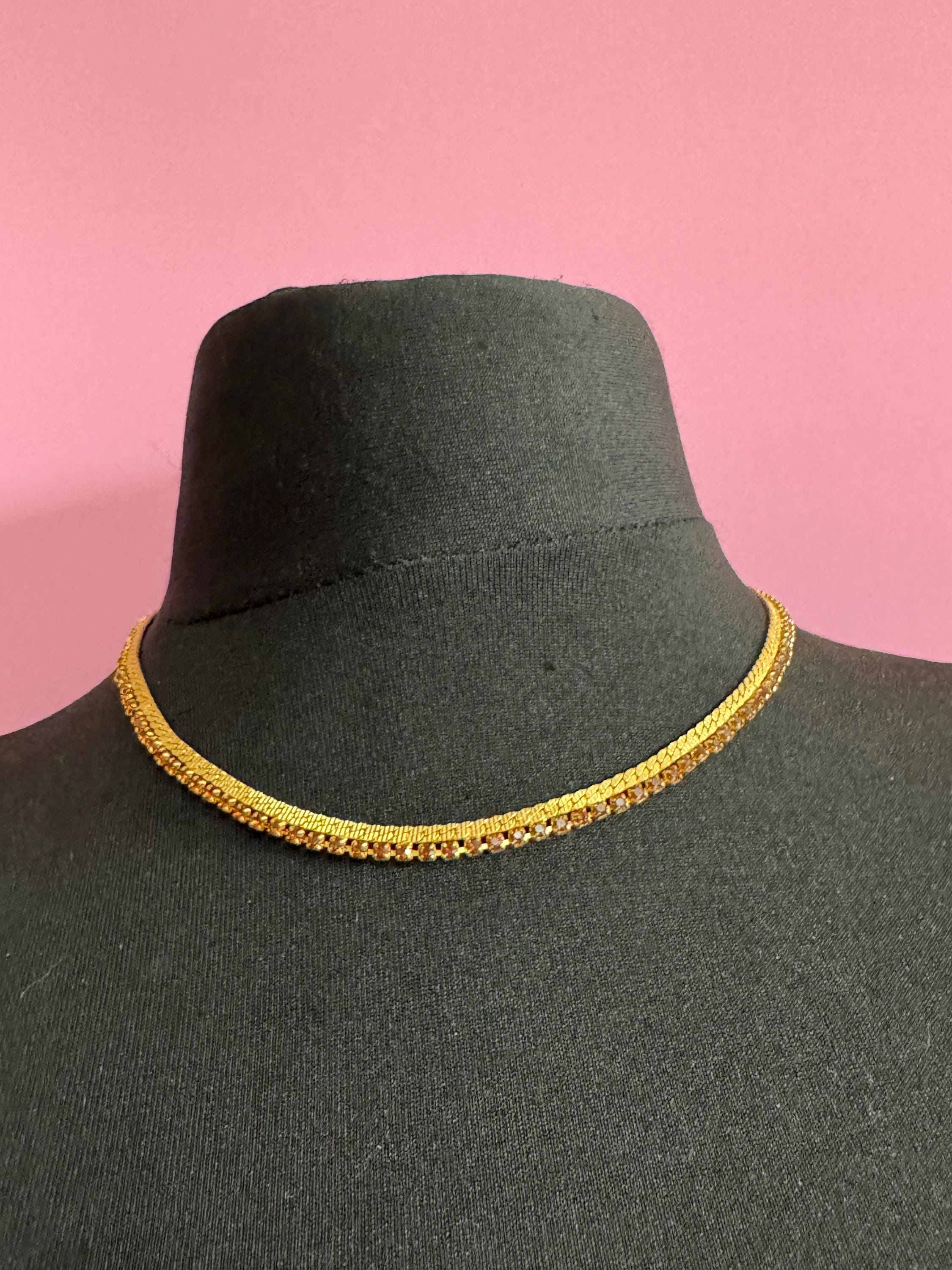 cognac brown glass diamante woven choker necklace, Vintage mid century gold plated