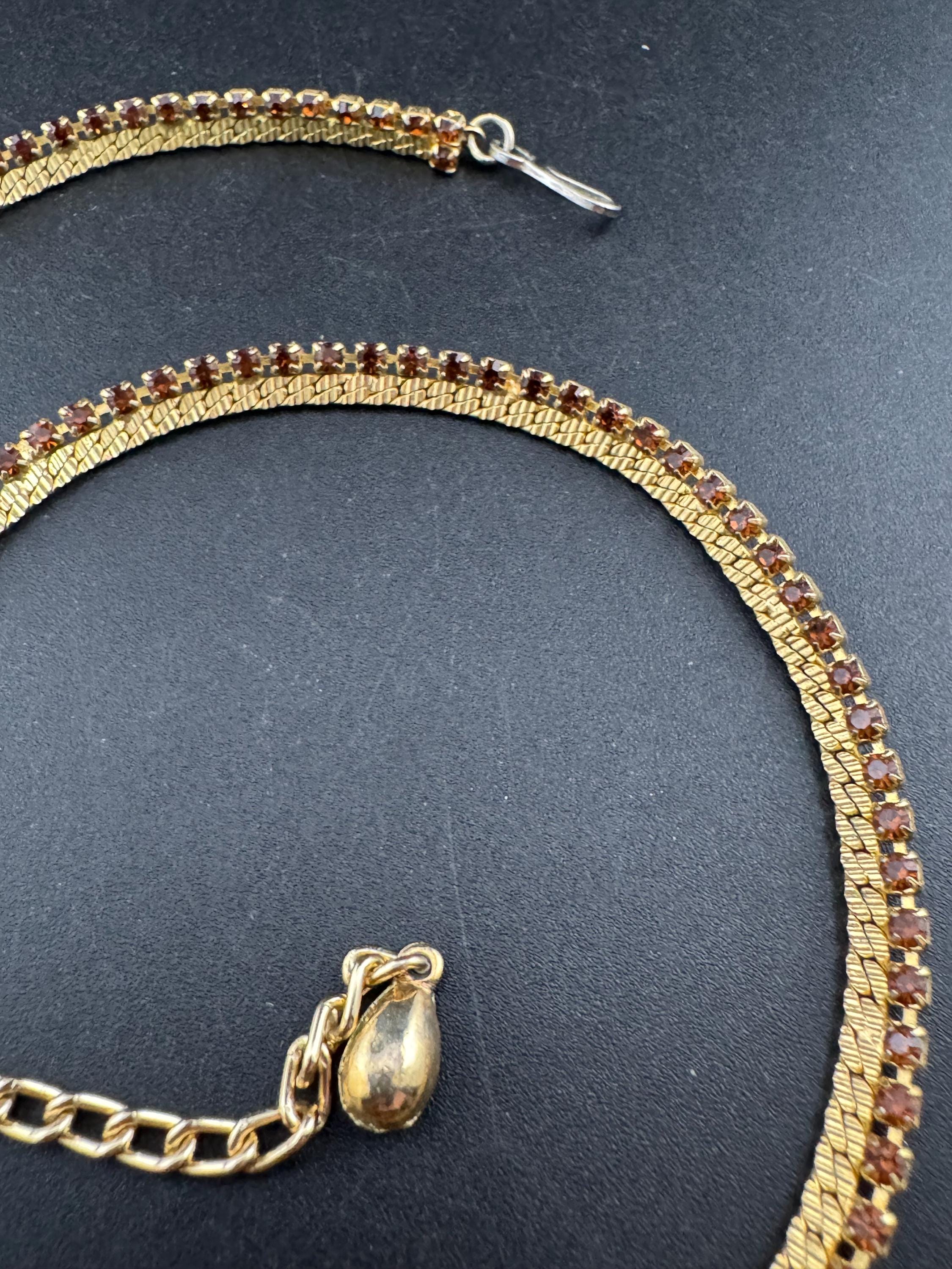cognac brown glass diamante woven choker necklace, Vintage mid century gold plated