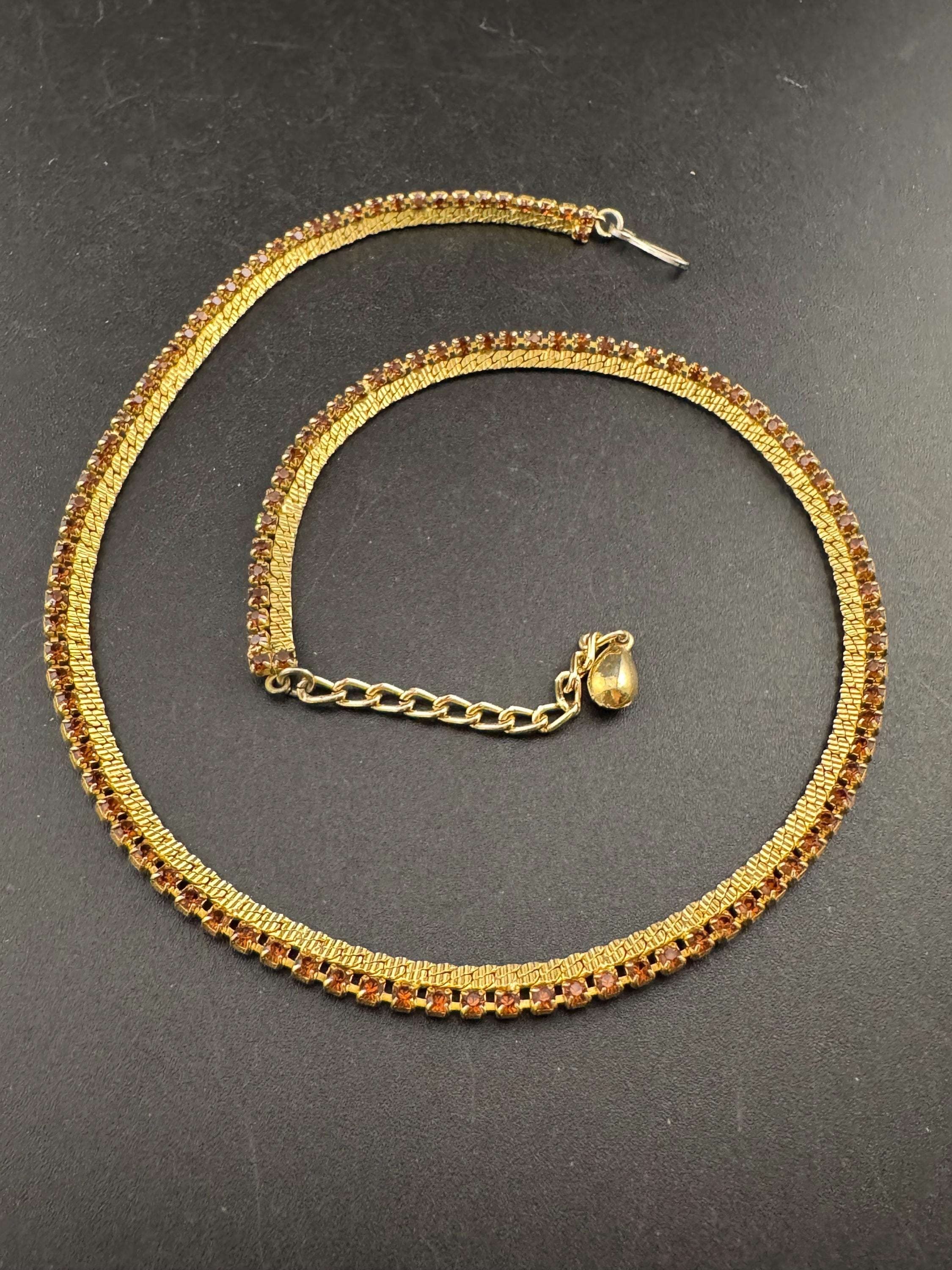 cognac brown glass diamante woven choker necklace, Vintage mid century gold plated