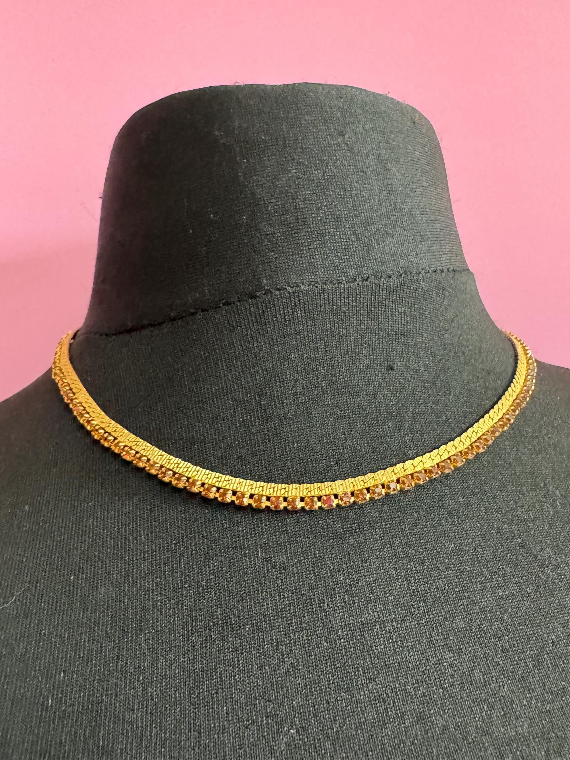 cognac brown glass diamante woven choker necklace, Vintage mid century gold plated