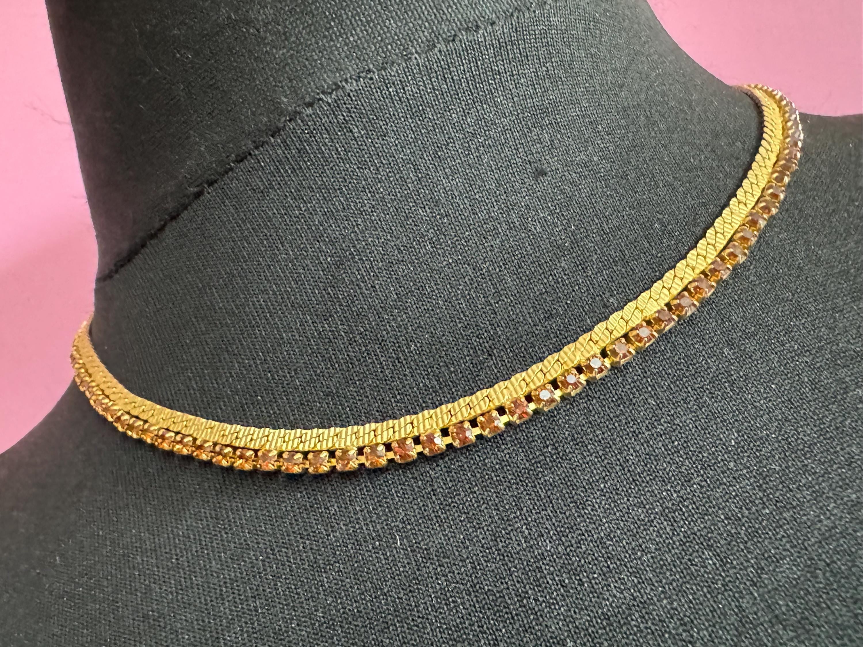 cognac brown glass diamante woven choker necklace, Vintage mid century gold plated