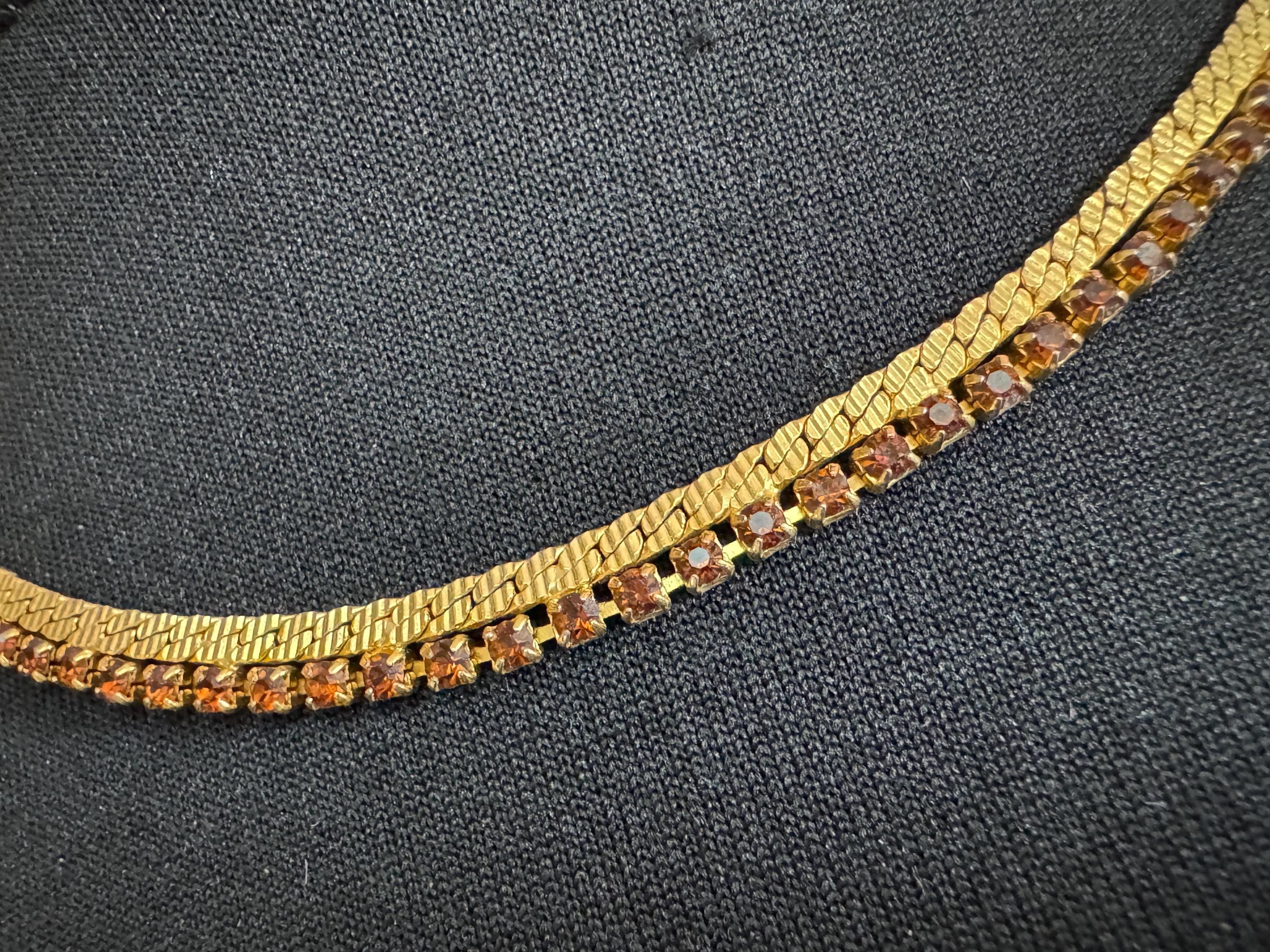 cognac brown glass diamante woven choker necklace, Vintage mid century gold plated