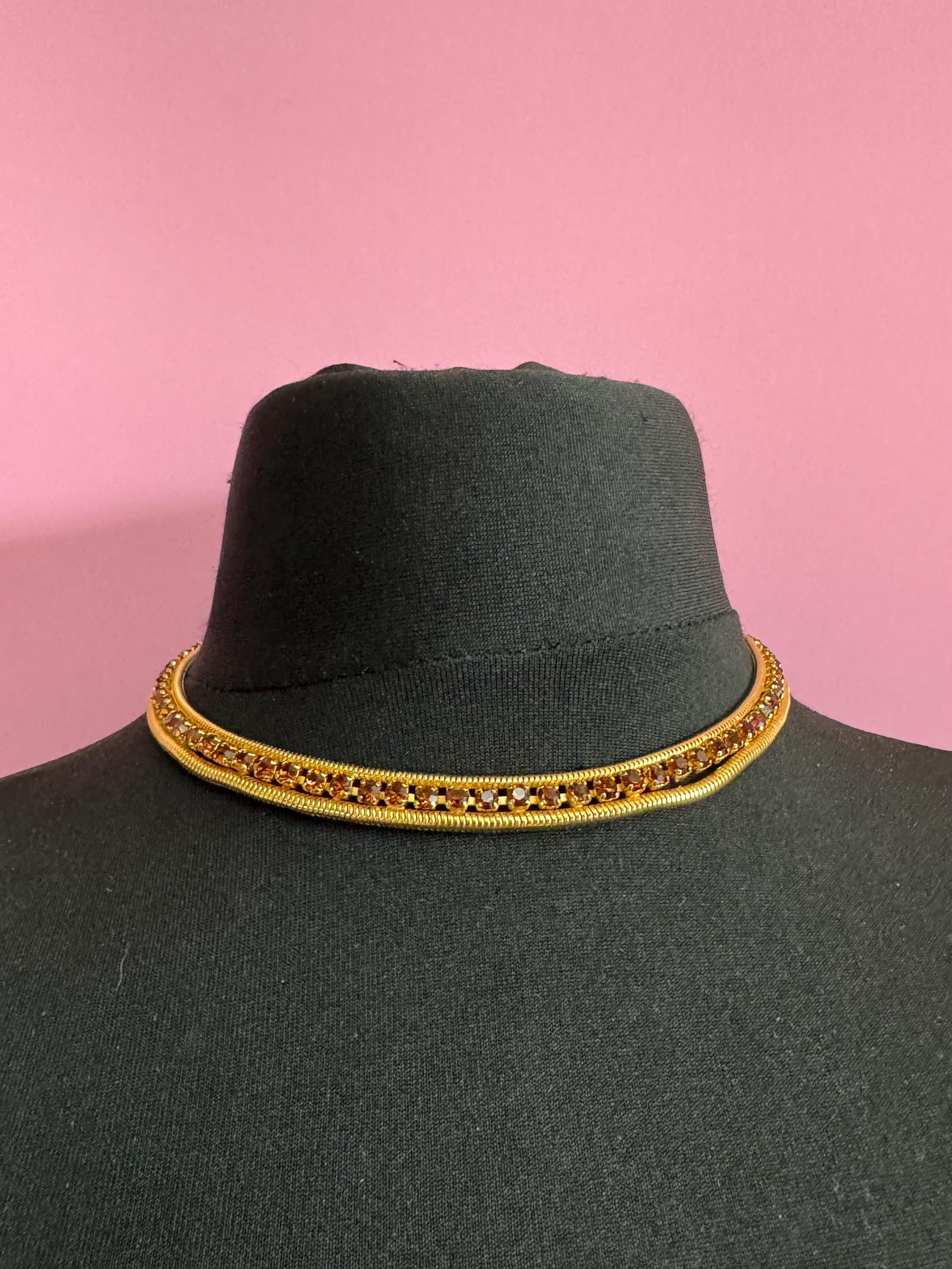 As found cognac glass brown diamante woven choker necklace, Vintage mid century gold plated
