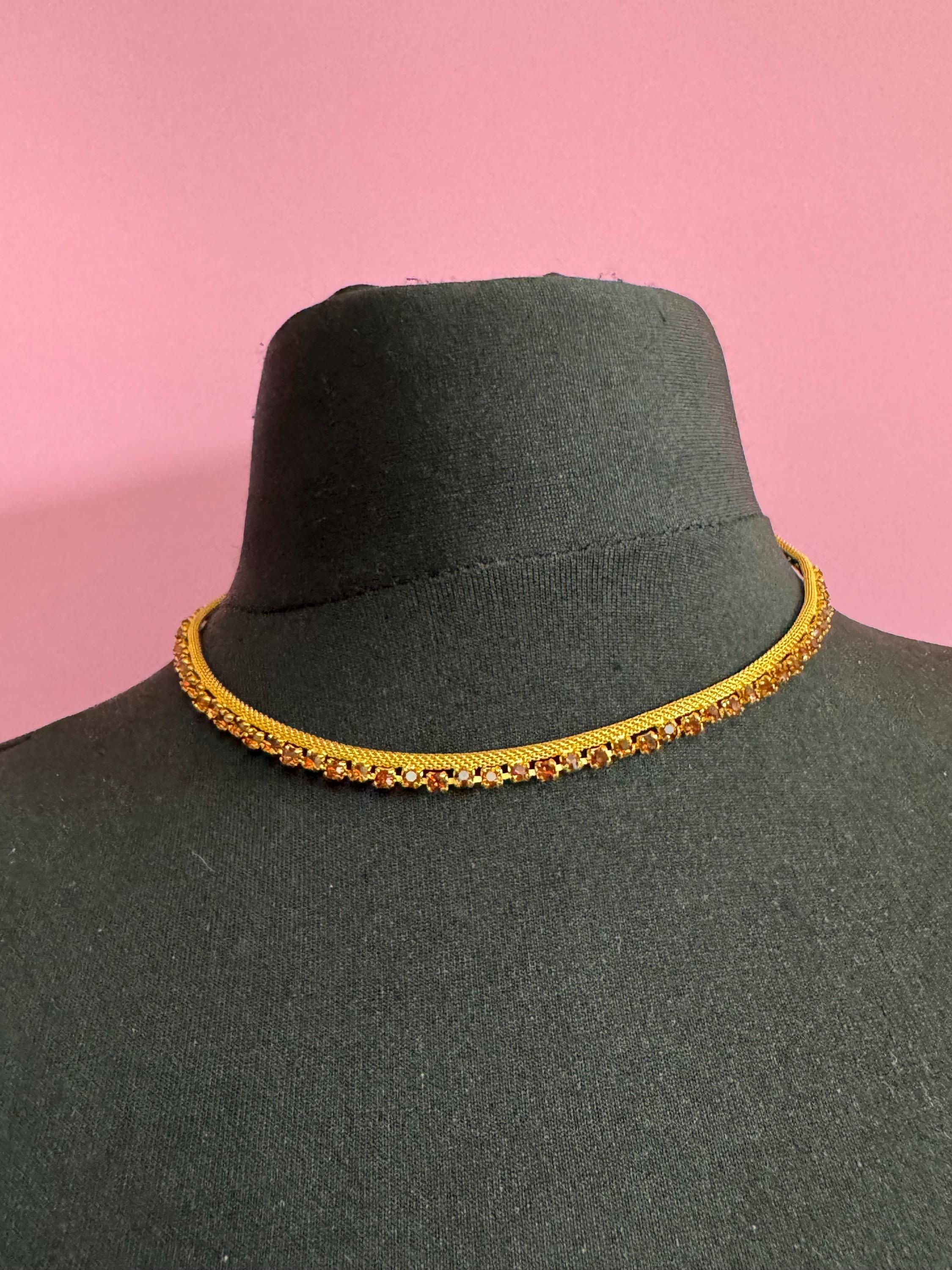 cognac brown glass diamante woven choker necklace, Vintage mid century gold plated mesh