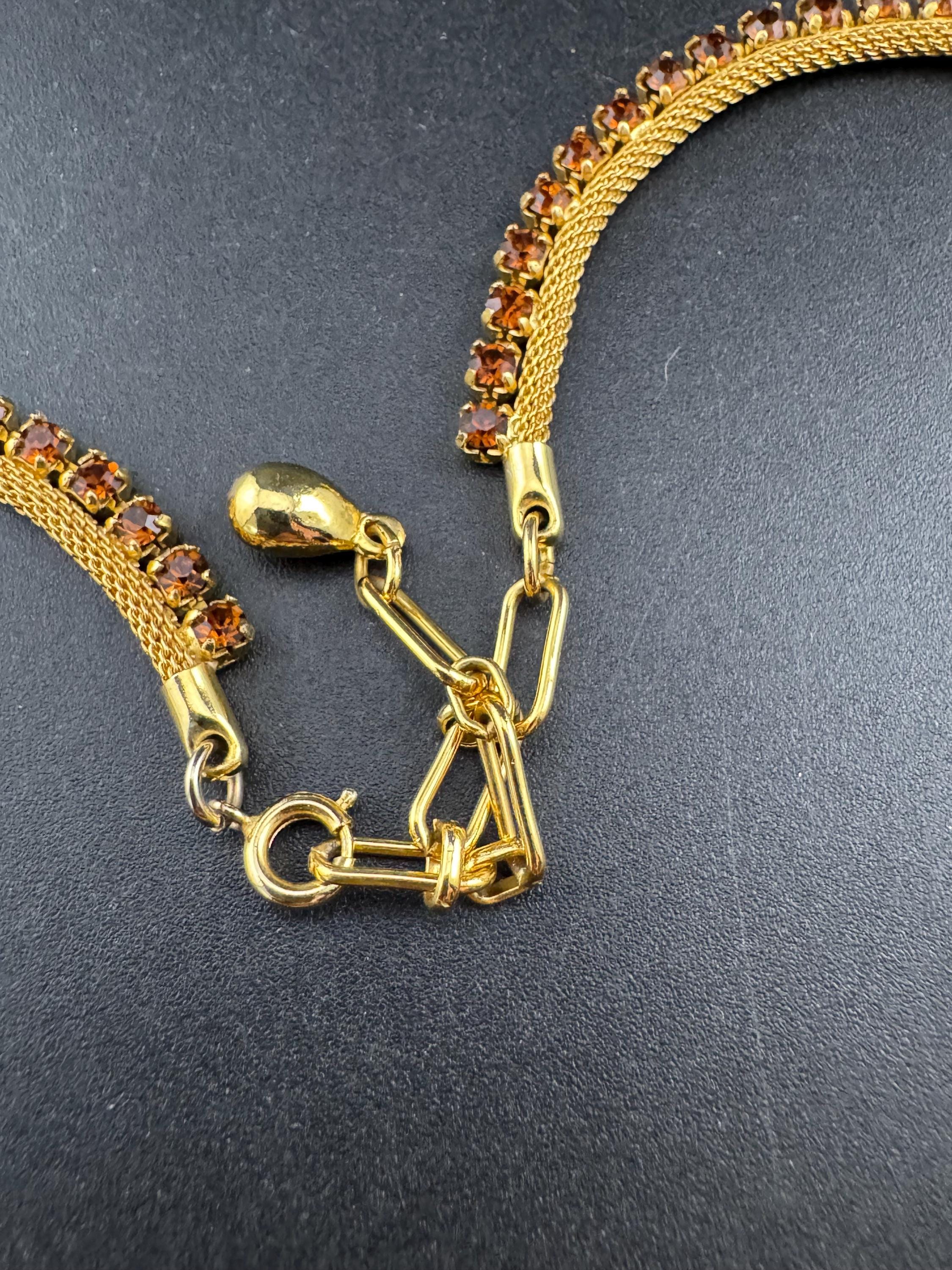 cognac brown glass diamante woven choker necklace, Vintage mid century gold plated mesh