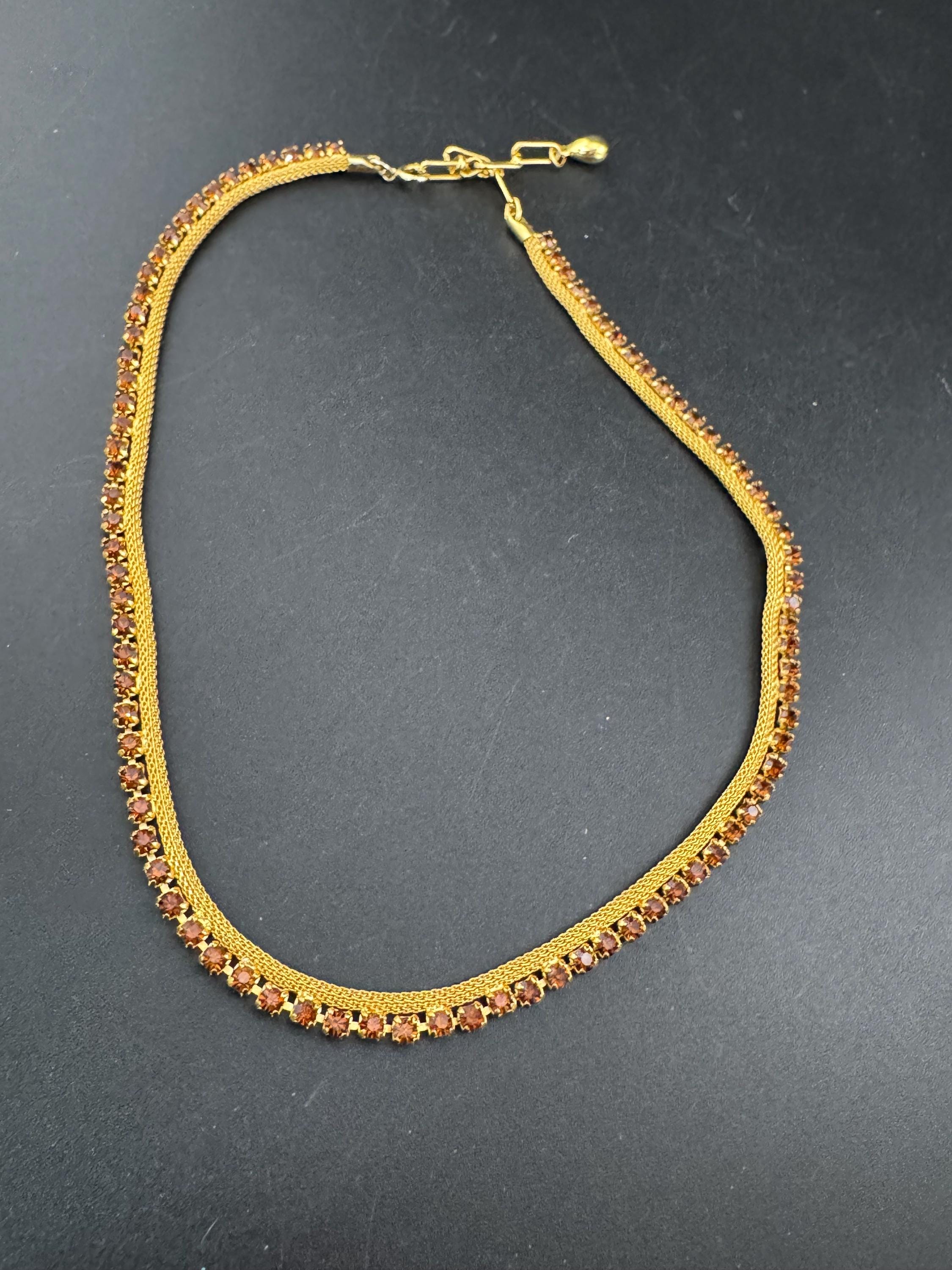 cognac brown glass diamante woven choker necklace, Vintage mid century gold plated mesh