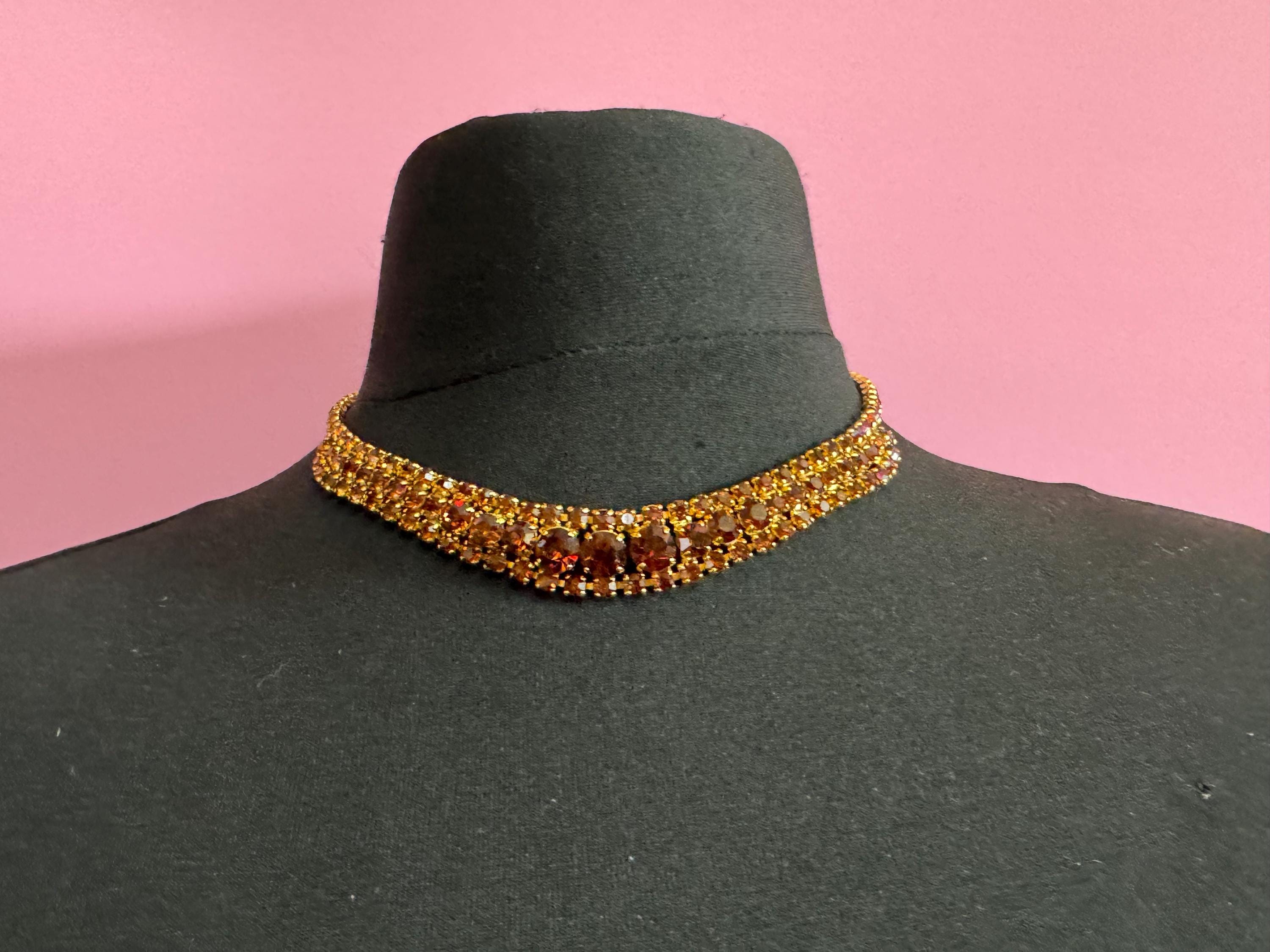 Brown cognac glass diamanté wide rhinestone crystal choker collar necklace Vintage