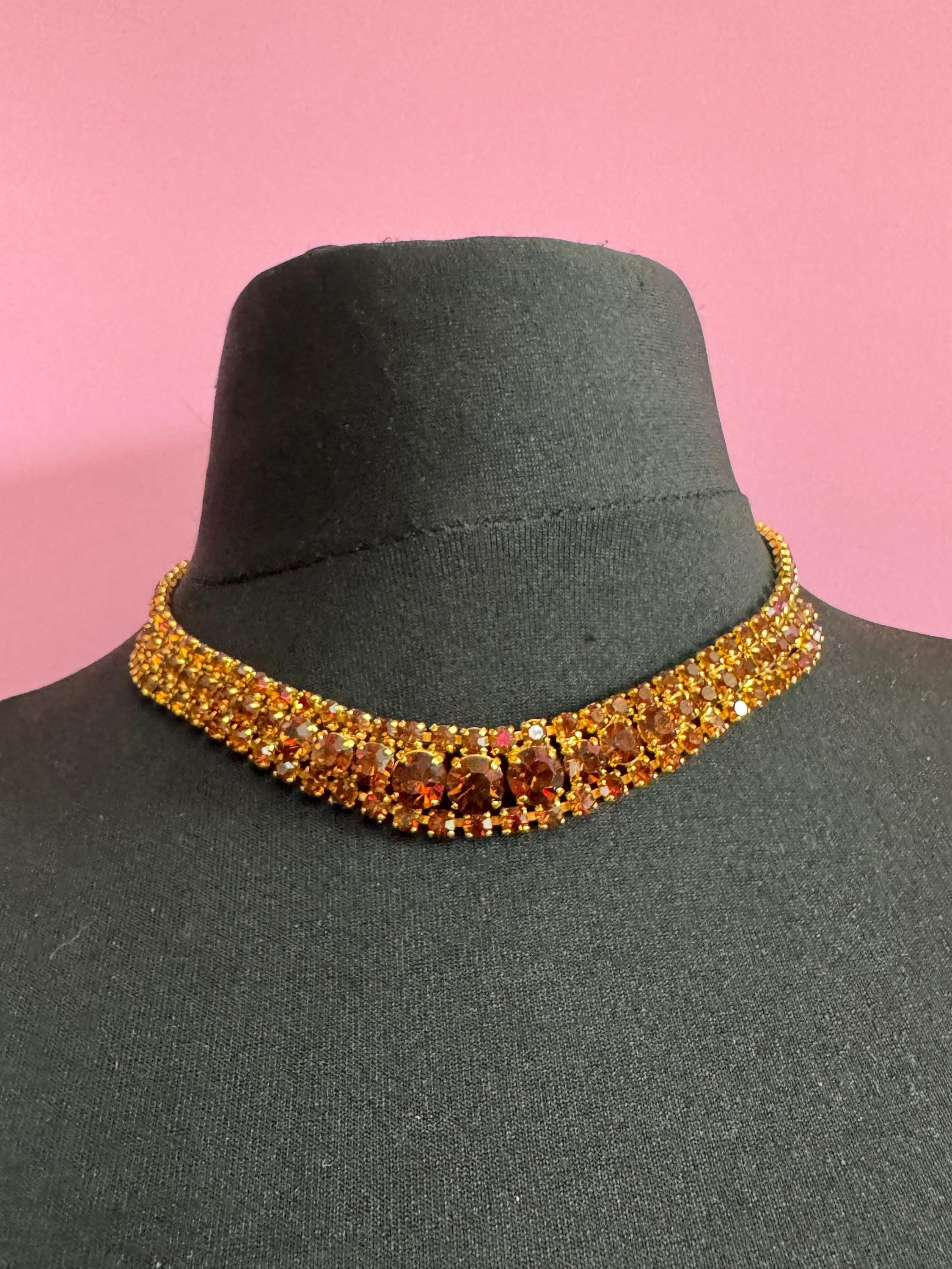 Brown cognac glass diamanté wide rhinestone crystal choker collar necklace Vintage
