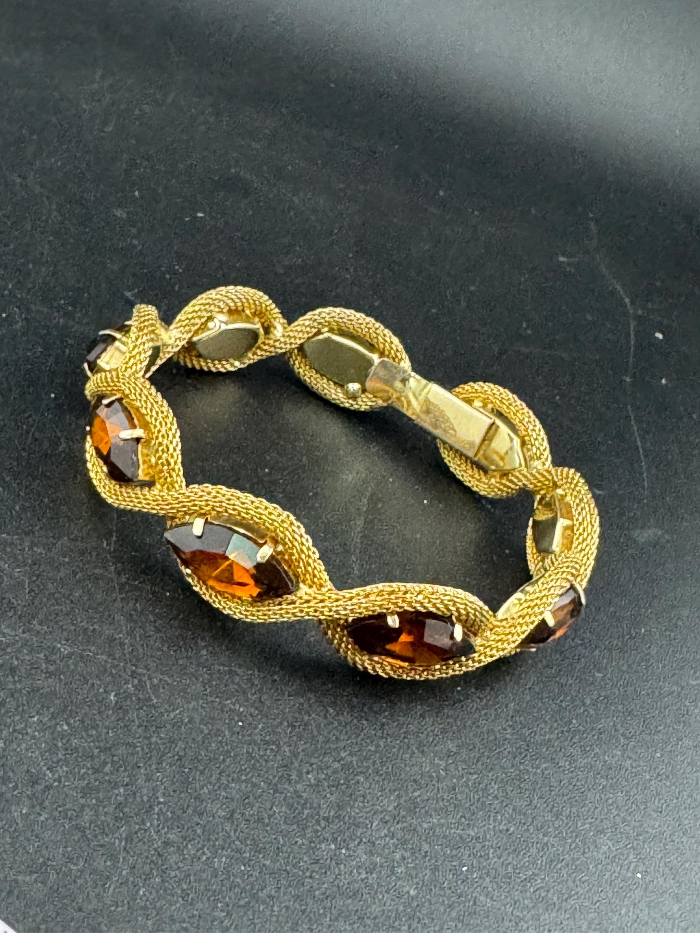 Vintage brown cognac paste Glass Gold Tone mesh cocktail bracelet