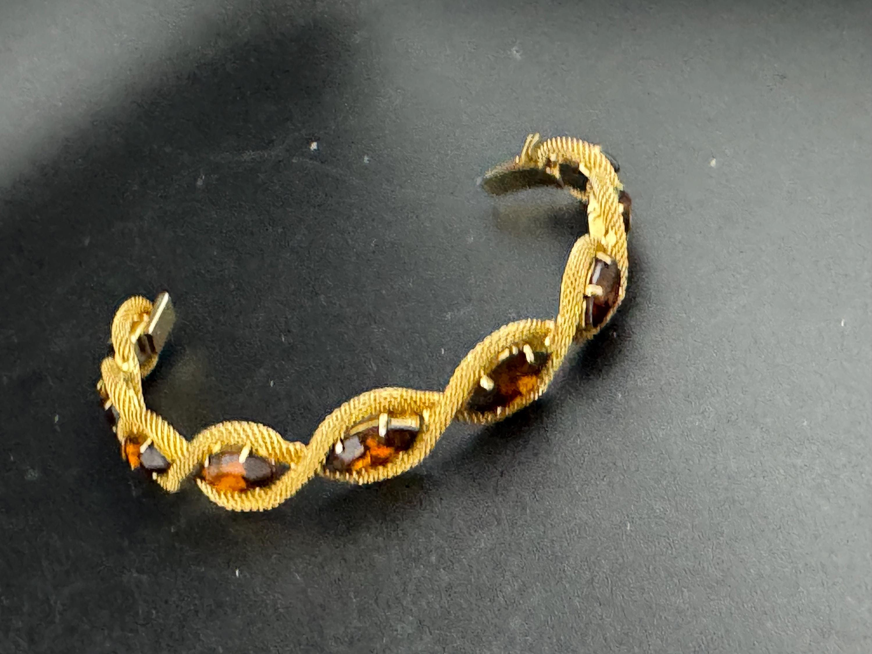 Vintage brown cognac paste Glass Gold Tone mesh cocktail bracelet
