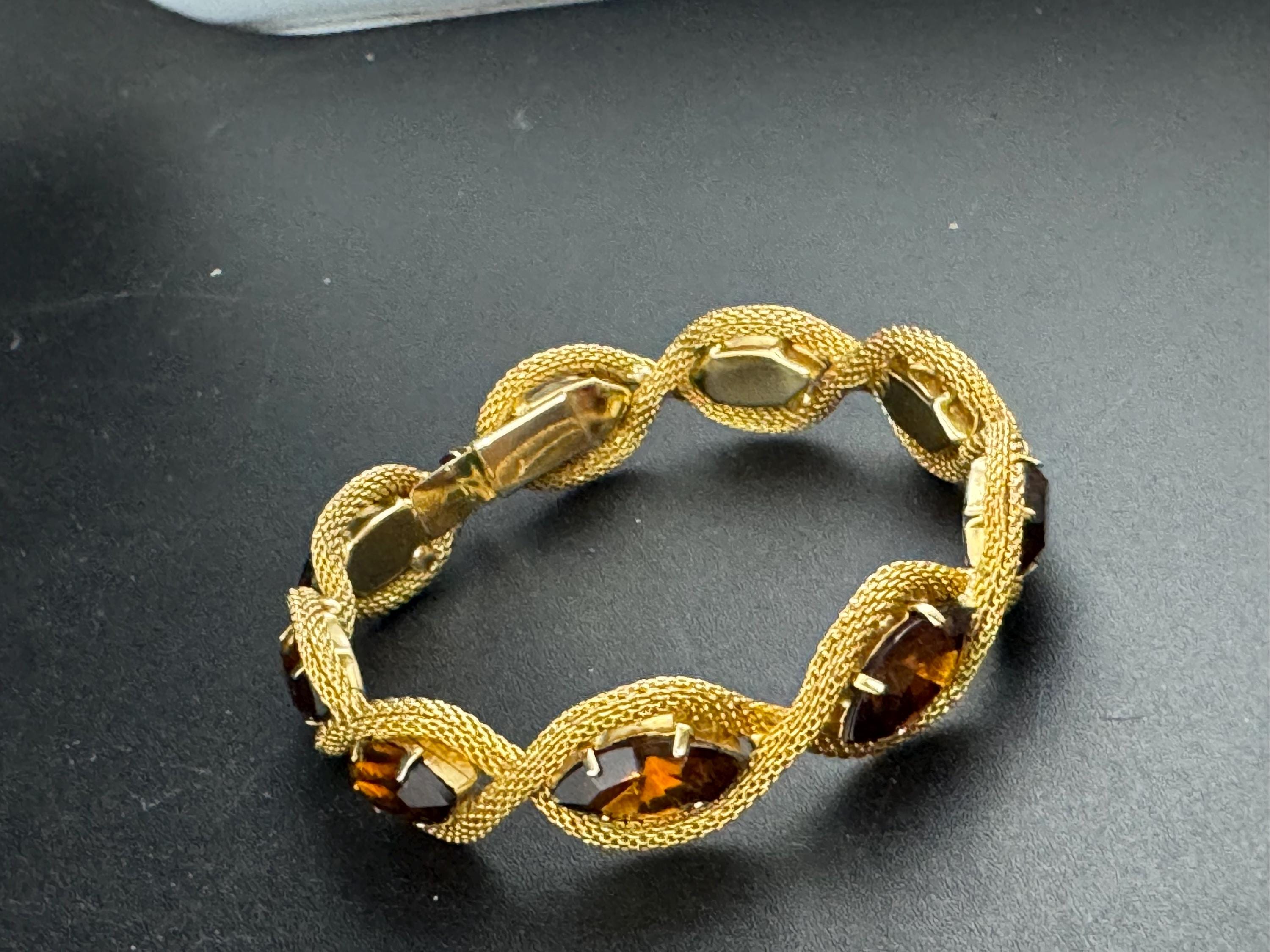 Vintage brown cognac paste Glass Gold Tone mesh cocktail bracelet