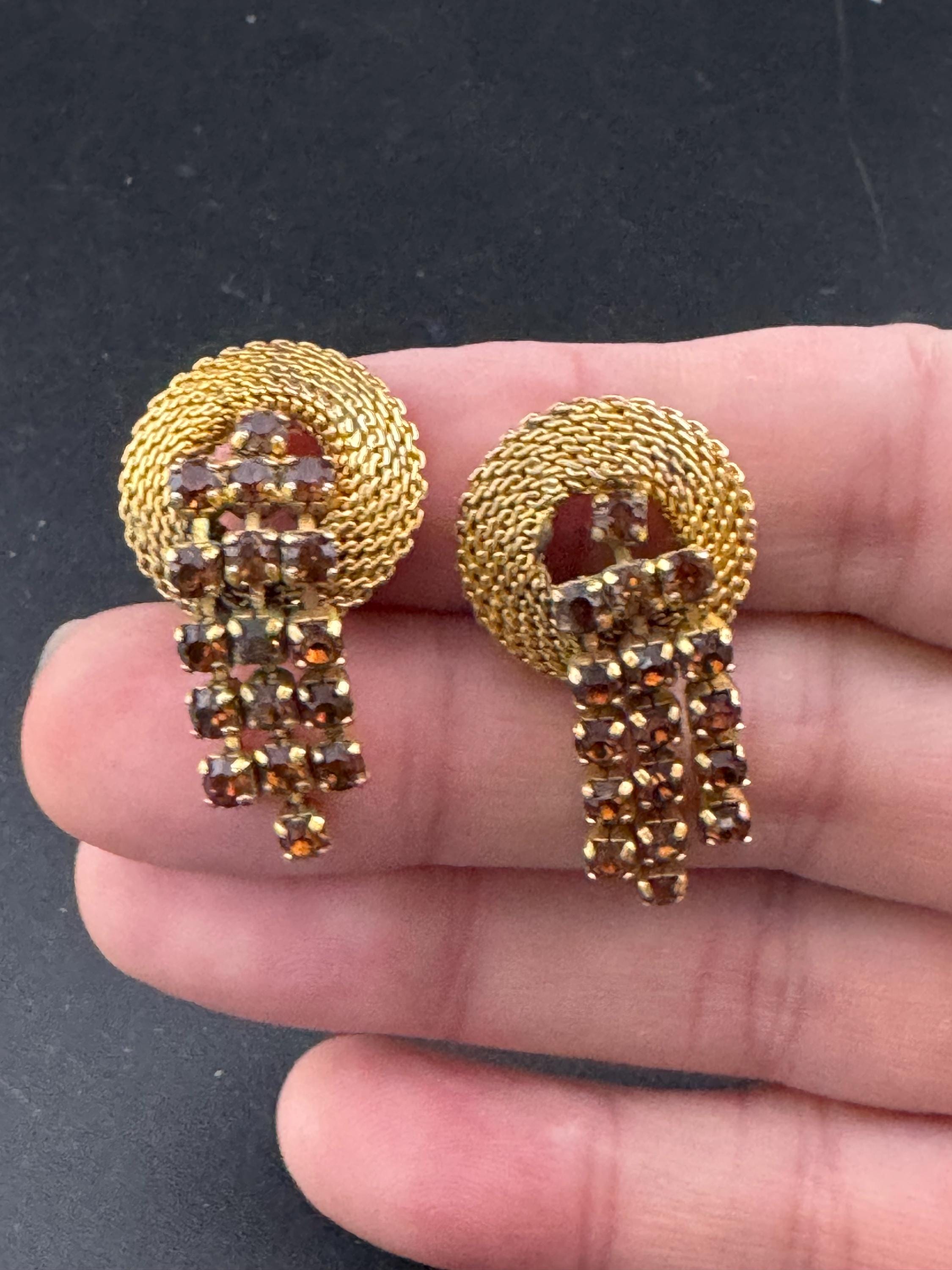 1960s Rhinestone Clip On Earrings: Gold Tone Mesh, Cognac Glass