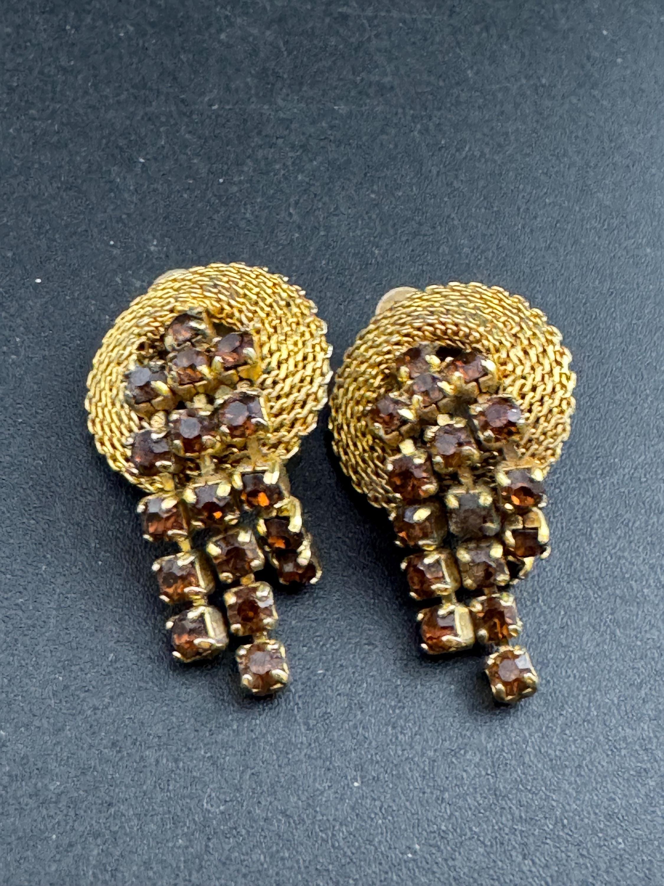 1960s Rhinestone Clip On Earrings: Gold Tone Mesh, Cognac Glass
