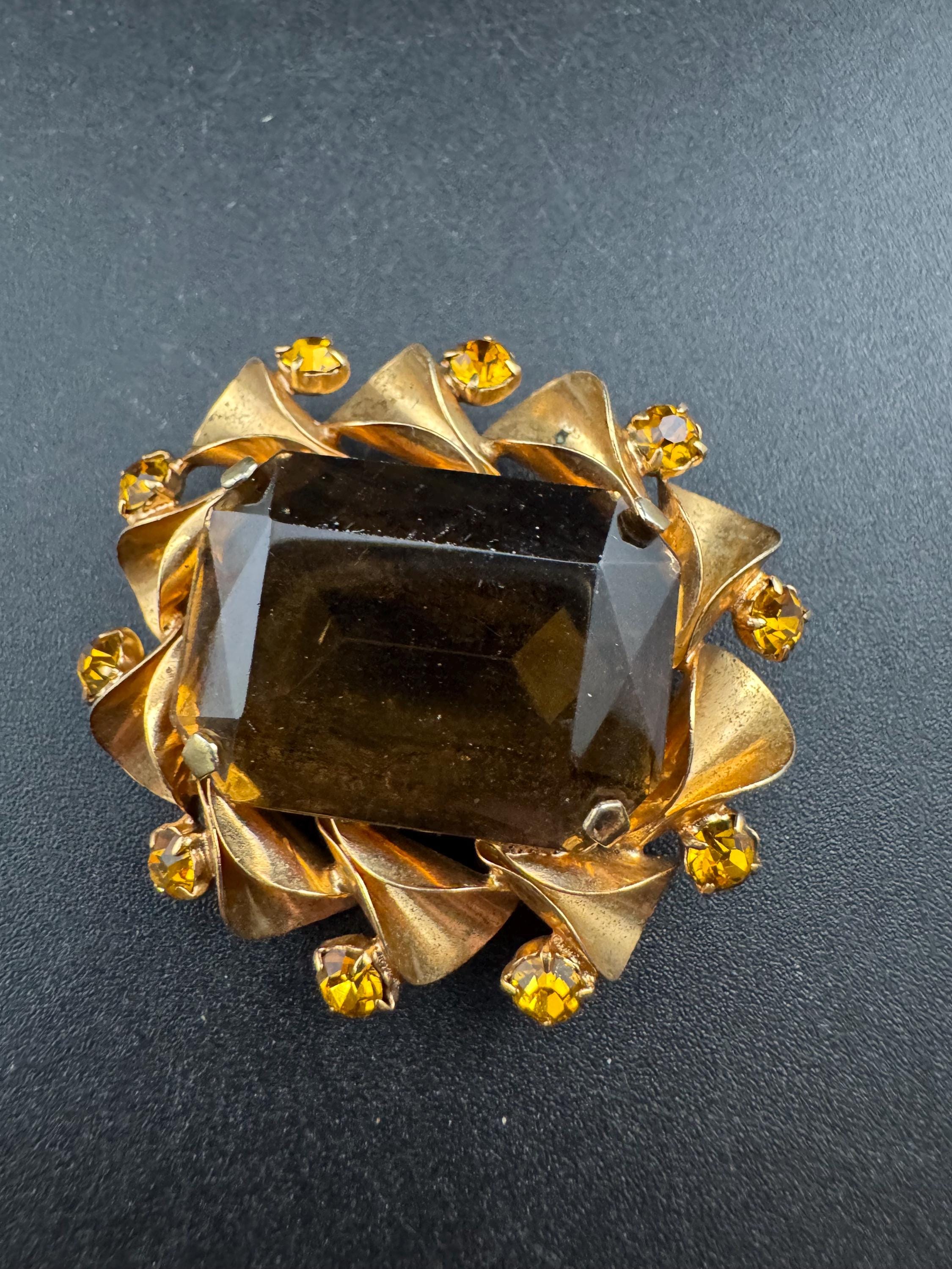vintage orange citrine and brown cognac glass open back brooch 1950s