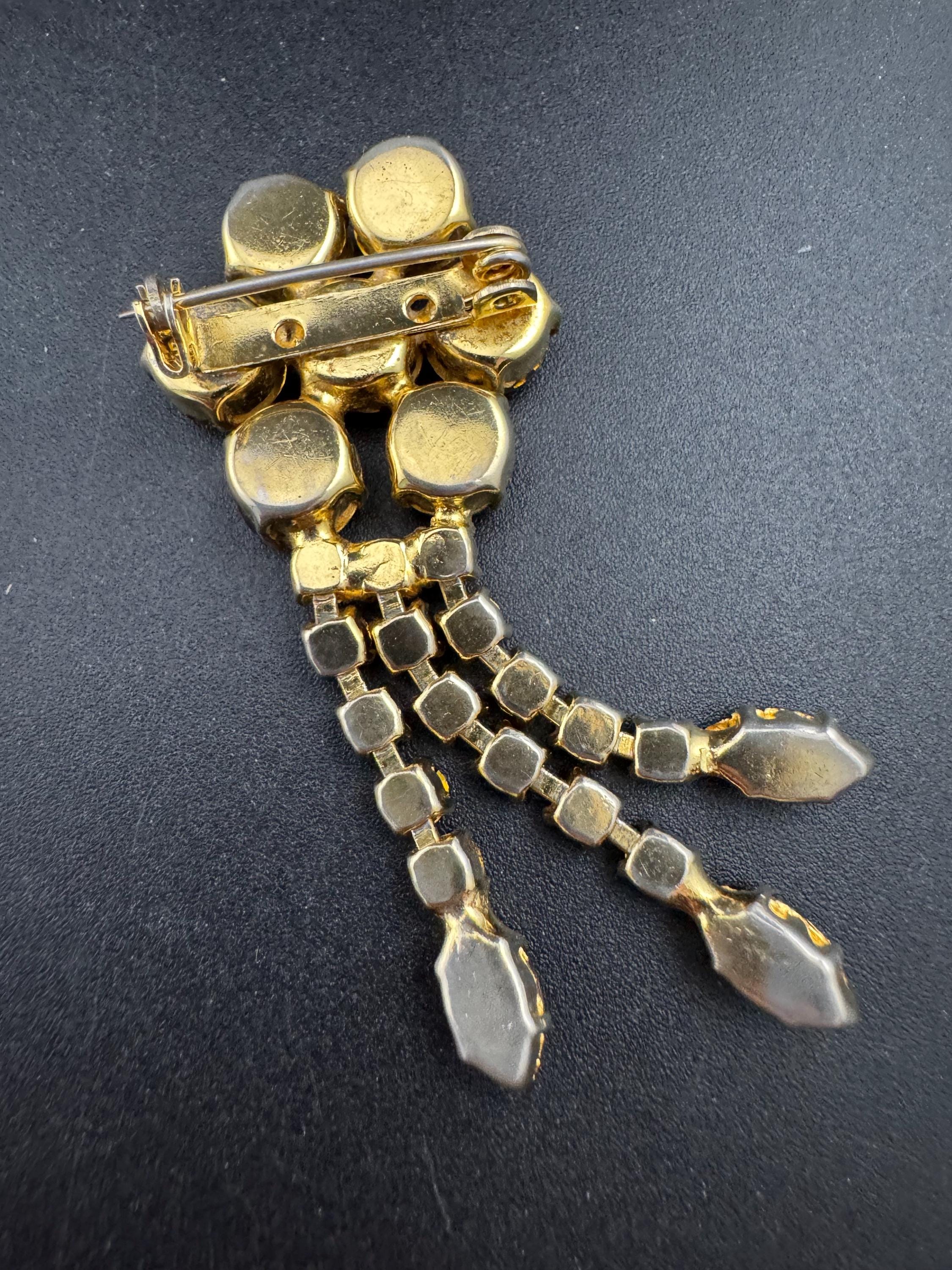 vintage gold tone waterfall brooch with large diamanté brown cognac glass stones