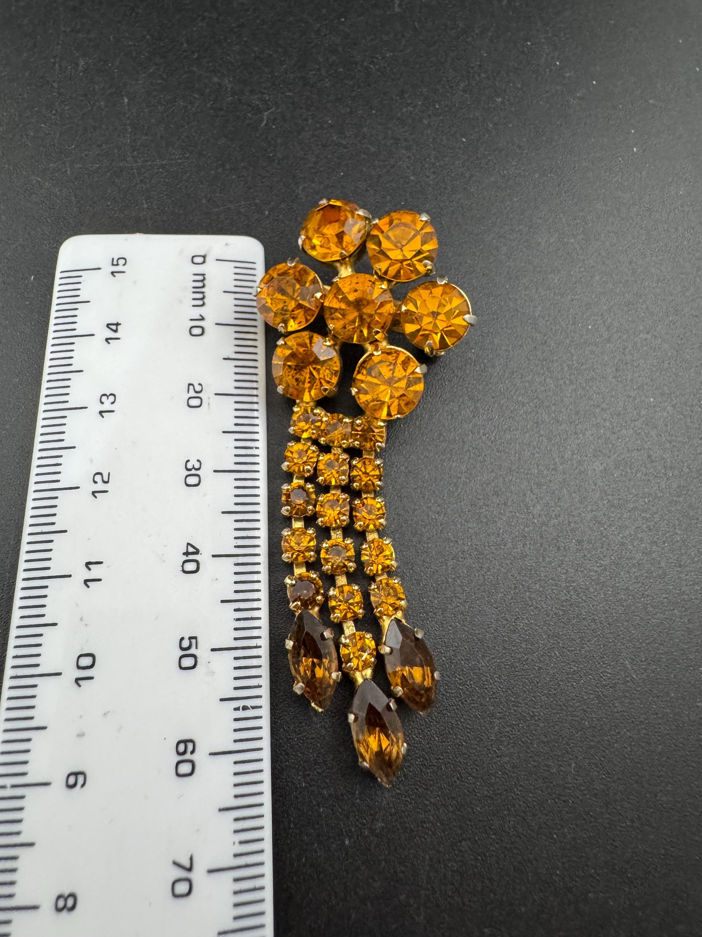 vintage gold tone waterfall brooch with large diamanté brown cognac glass stones