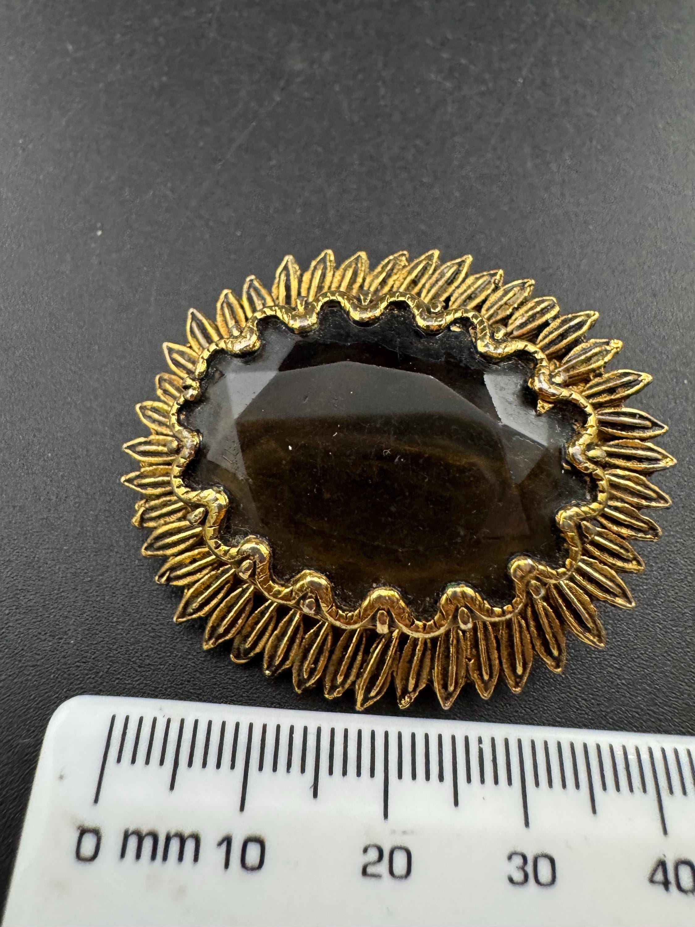 Vintage Gold Plated Brooch: Cognac Brown Glass Cabochon, Mid Century