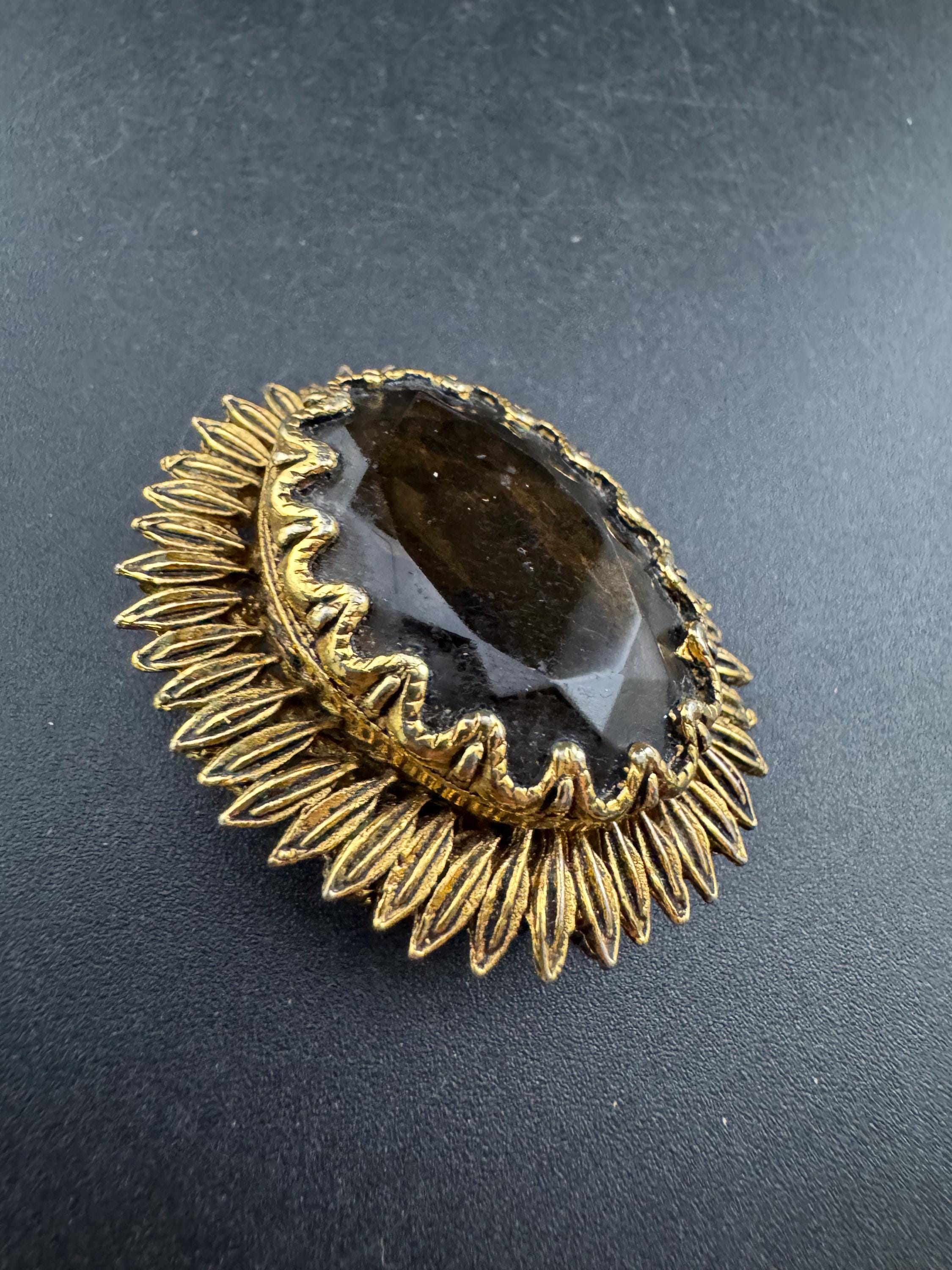 Vintage Gold Plated Brooch: Cognac Brown Glass Cabochon, Mid Century