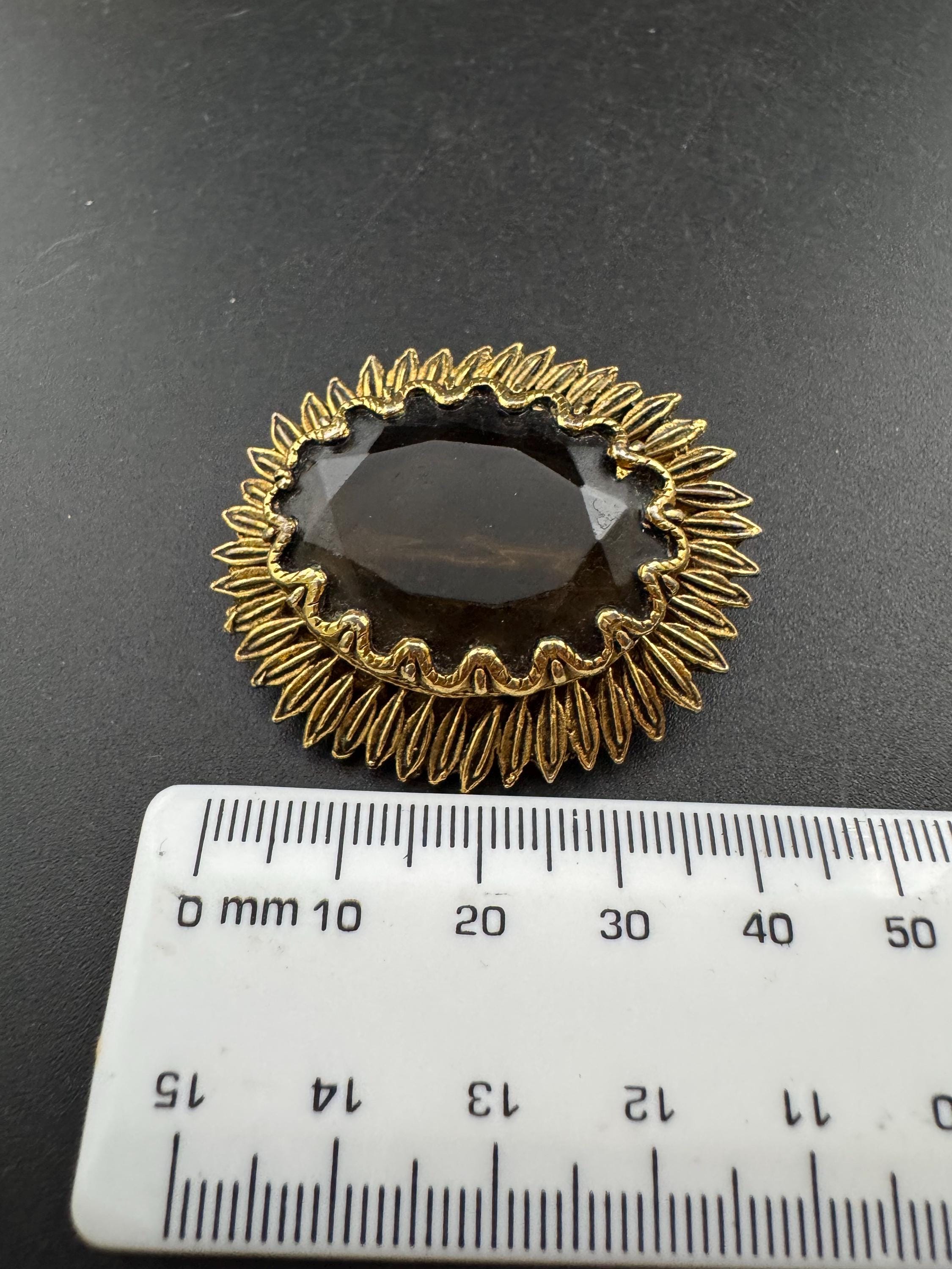 Vintage Gold Plated Brooch: Cognac Brown Glass Cabochon, Mid Century