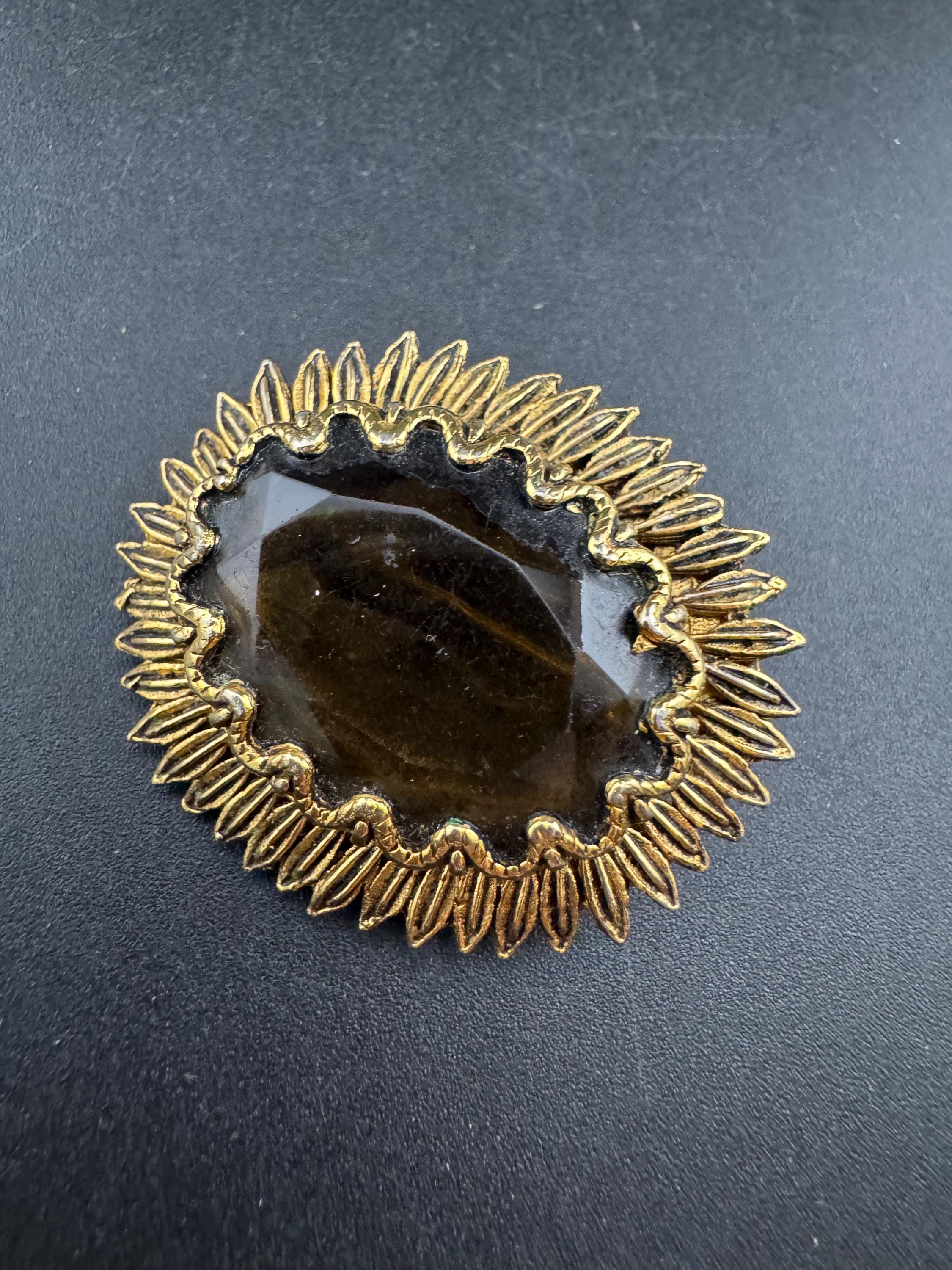 Vintage Gold Plated Brooch: Cognac Brown Glass Cabochon, Mid Century